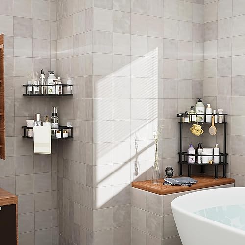 Miniatura 3 de FJNATINH Organizador de ducha de esquina – Organizador de mostrador de baño de 2 niveles, estante de esquina de metal para baño, organizador