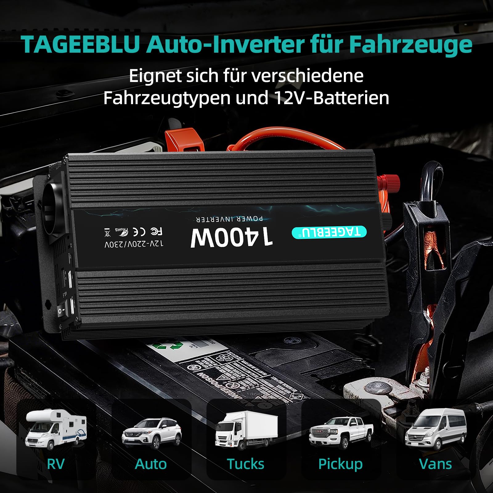 Falownik 1400 W, 12 V na 230 V, przetwornica napięcia 12 V 230 V | Z 1 gniazdkiem, typ C 20 W, szybkie ładowanie USB 20 W, wskaźnik LED