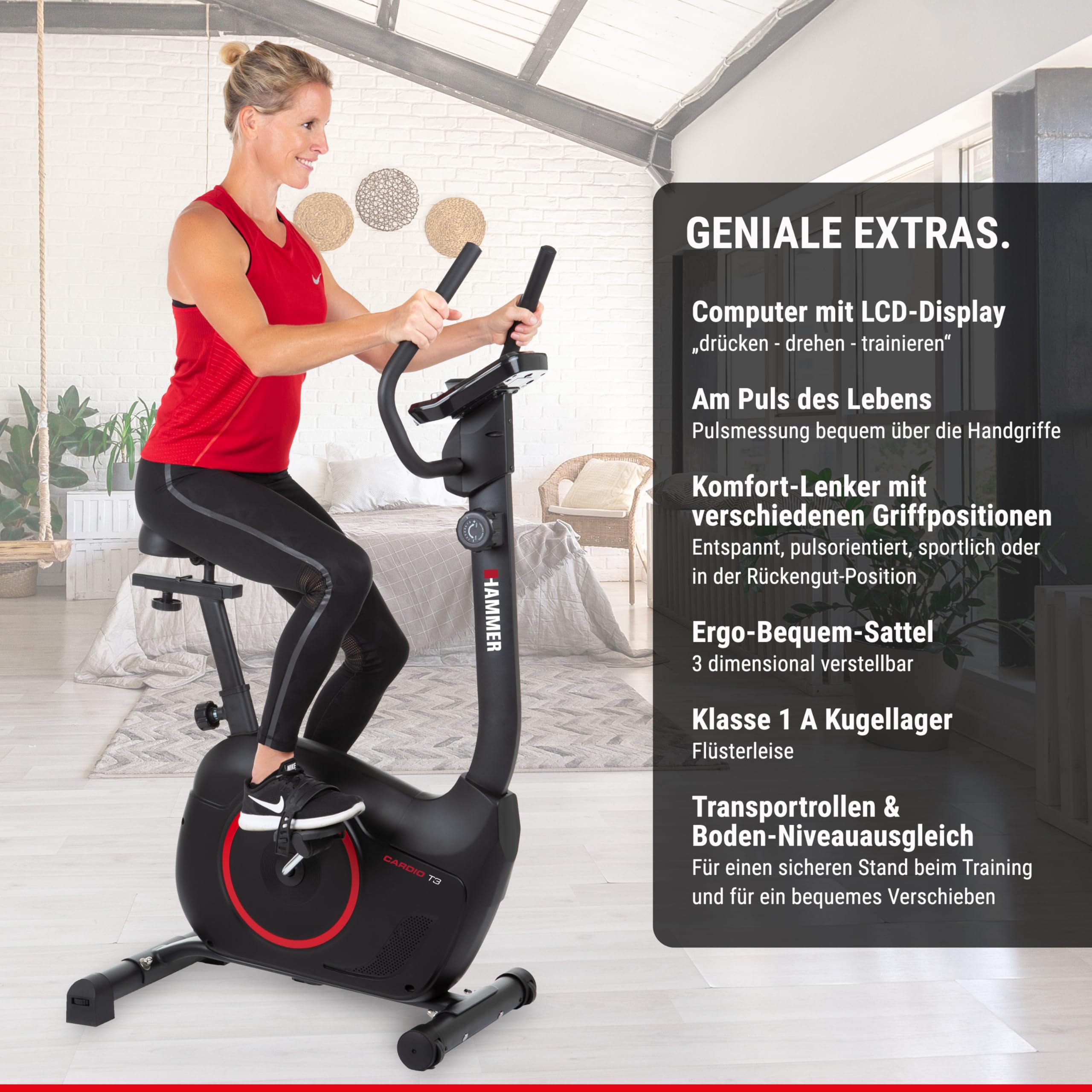 HAMMER 4860 - Cyclette Cardio T3, bassa resistenza all'entrata, particolarmente silenziosa, sella comoda, adatta come supporto per tablet, 90 x 46 x 137 cm