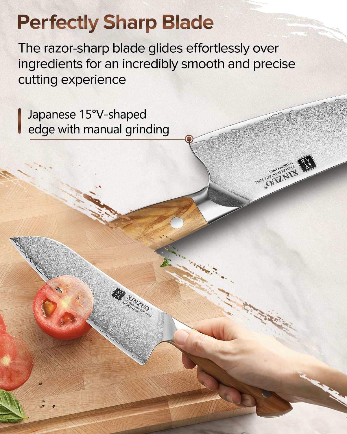 XINZUO 18,5cm Cuchillo Santoku Profesional Acero Compuesto Cuchillo de Cocinero de Cocina Acero Inoxidable de Alto Carbono -para Carne, Verduras, Pescado y Fruta -Mango Ergonómico de Madera de Olivo