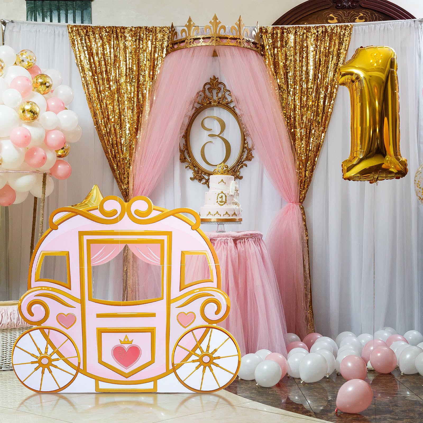 Geelin 119,4 cm Prinzessin Kutsche Pappaufsteller Stand Up Rosa Prinzessin Geburtstag Party Dekoration Lebensgroße Fotokabinen Requisiten für Mädchen Themed Geburtstag Hintergrund Party Supplies