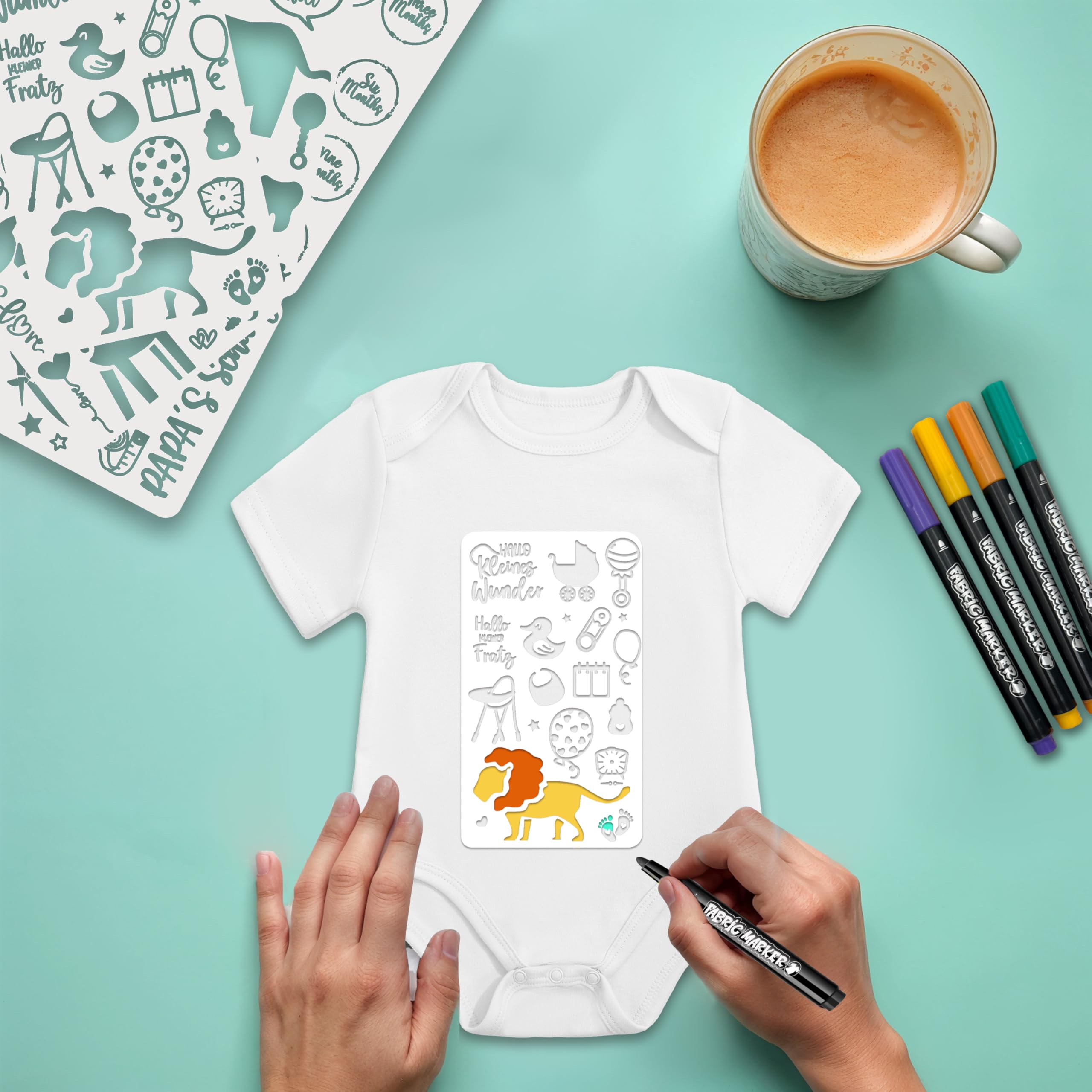 8 Stückr Baby Zeichen-Onesie, Babyparty Zeichenset mit 16 Zeichenvorlagen und 12 Textilstiften für Babyparty-Spiele, bodys baby