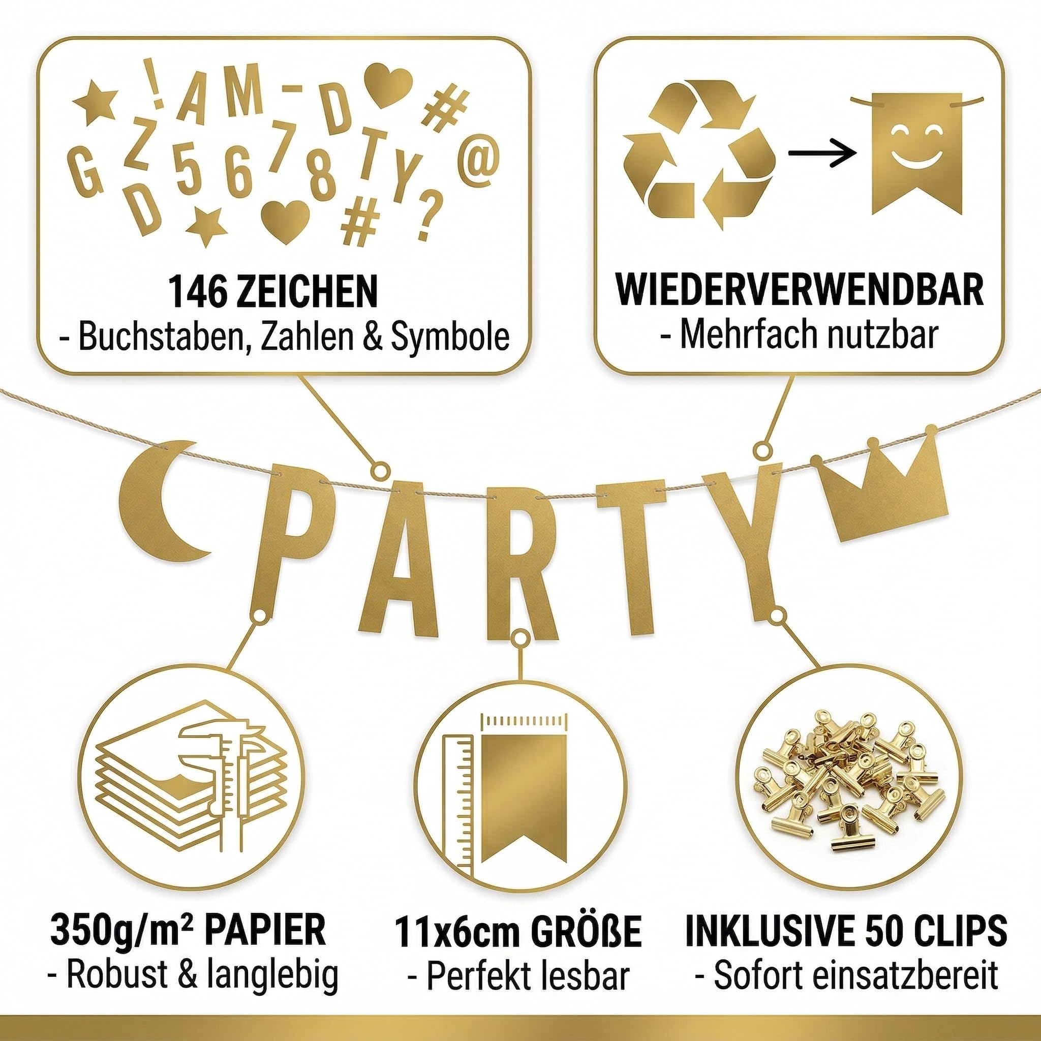 MIJOMA Guirnalda de letras doradas personalizables – 146 caracteres de papel – Decoración reutilizable para cumpleaños, boda, fiesta y despedida de soltero