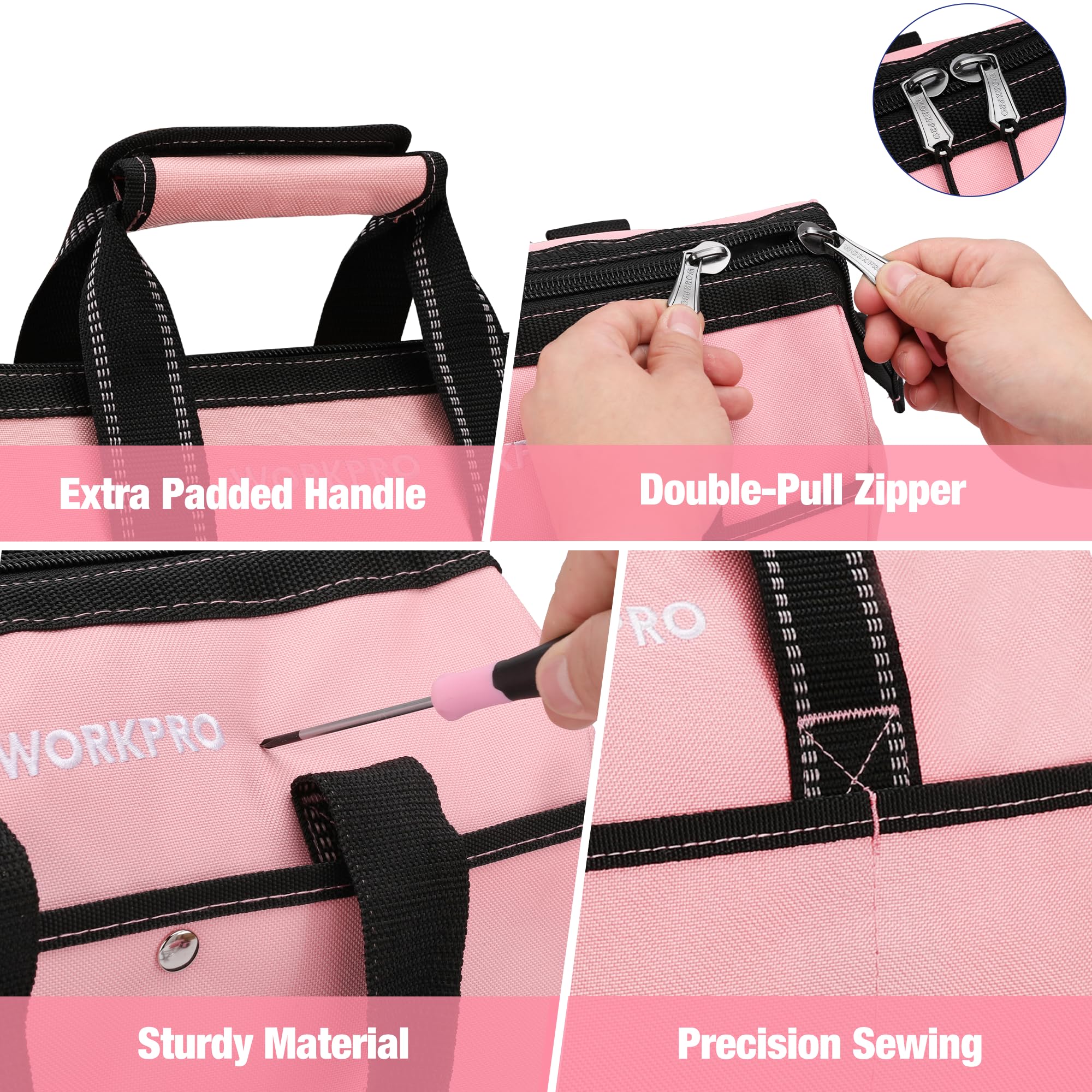 WORKPRO Bolsa de herramientas de 13 pulgadas, bolsa de almacenamiento de herramientas de tela suave rosa, bolsa de herramientas de boca ancha con bolsillos interiores, cinta rosa