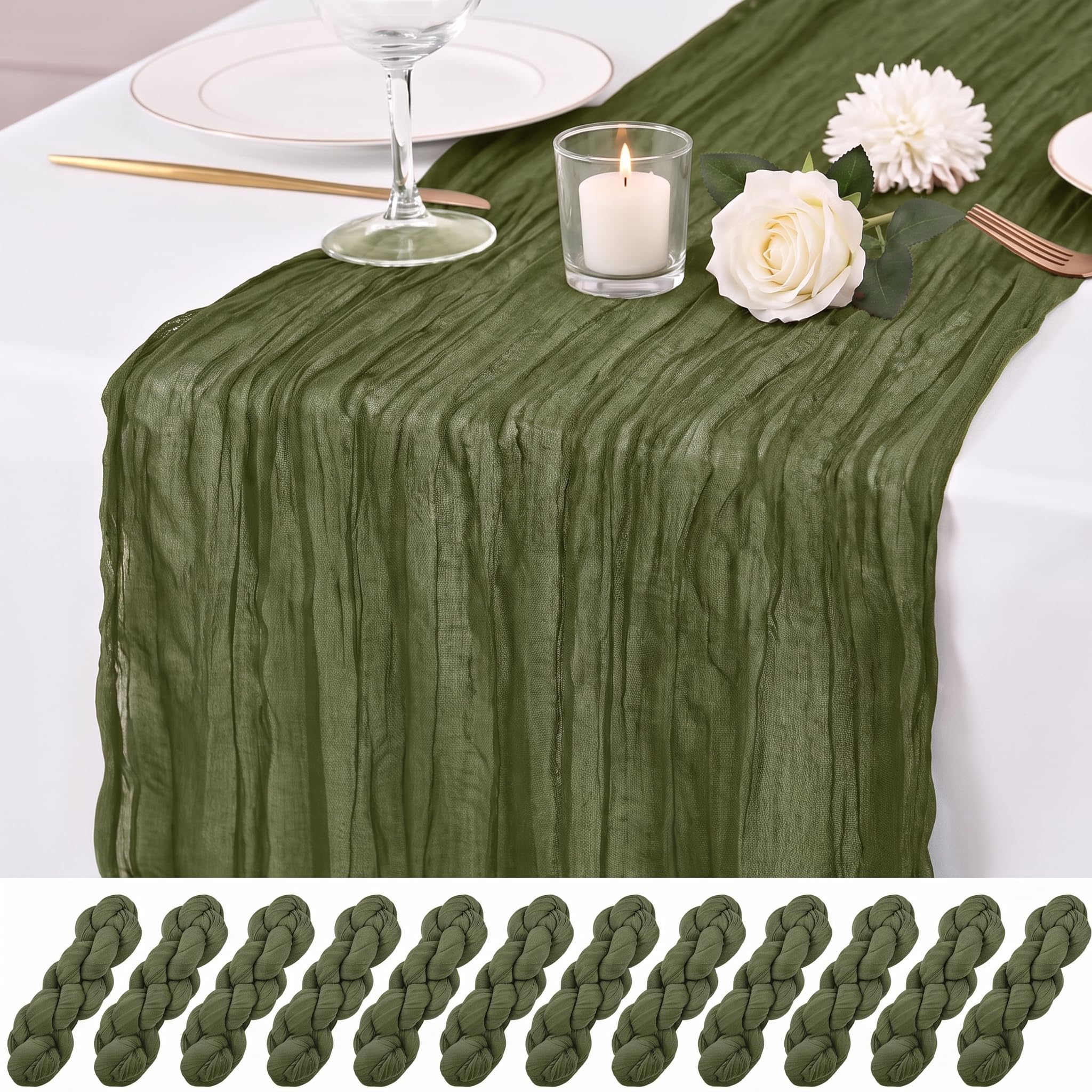 Photo 1 of 12 Pack Olive Green Cheesecloth Table Runner 17x108 Inch Boho Rustic Semi Sheer Gauze Cheese Cloth Table Runner for Wedding Bridal Shower Baby Shower Party Farmhouse Dining Table Decor