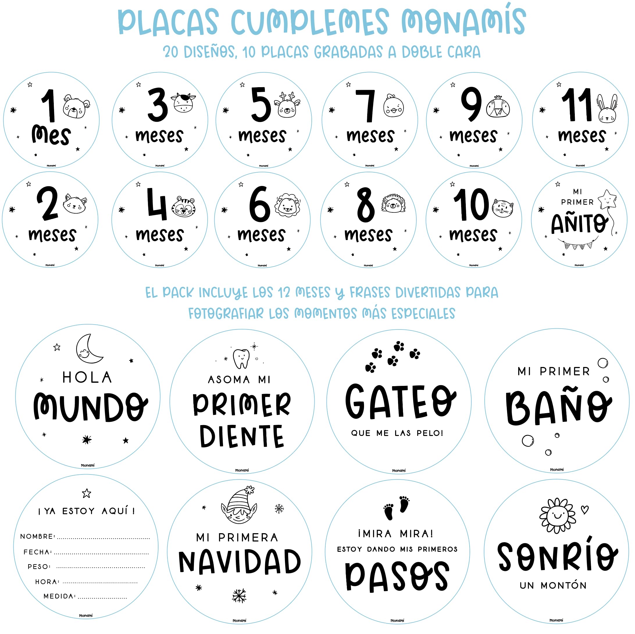 MONAMÍ - Placas Cumple Mes de bebé grabadas en Madera. Incluye 20 diseños Grabados en Madera, Meses y 3 Placas de hitos con 6 Momentos con Frases Divertidas. Diseñado y producido en España