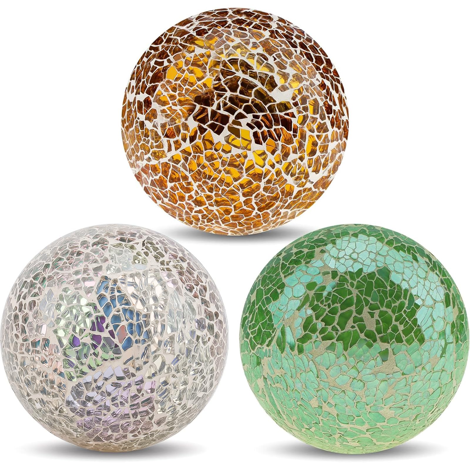 Yatinkim Mosaic Glass Ball 3pcs Decorative Balls for Bowls 3.35inch Gold Green Colorful Silver Mirror Orbs Sphere for Living Room Tea Table Entryway