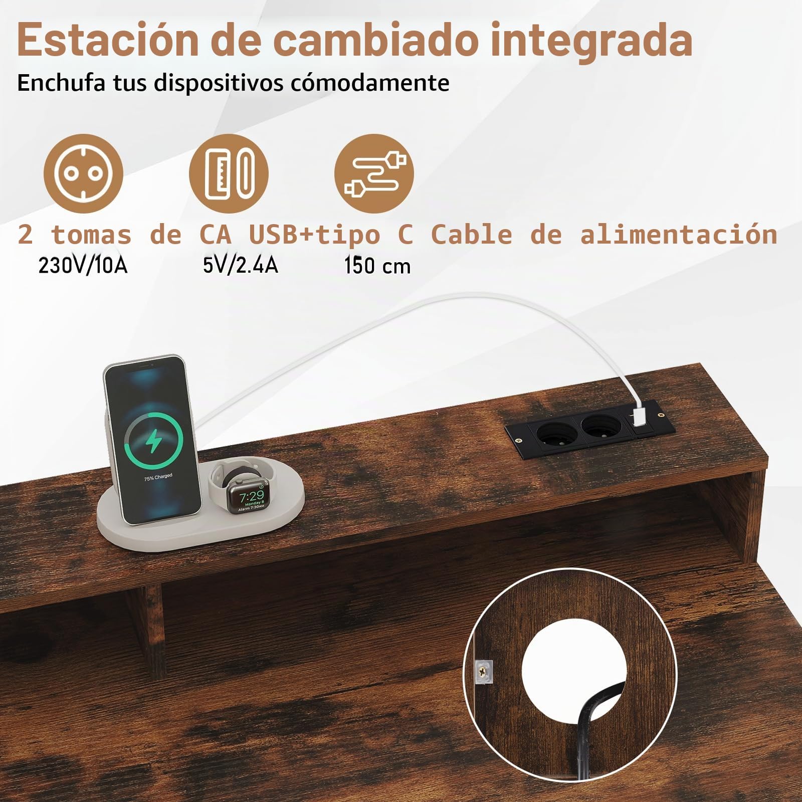 GIANTEX Escritorio de Ordenador con Cajón, 2 Estantes Laterales y 2 Cubos Abiertos, Mesa de Trabajo con Soporte de Monitor y Estación de Carga, 106x48x90,5cm, para Oficina, Dormitorio (Marrón)