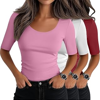 Neer 3 Pcs Women's Half Sleeve Fitted Tops Scoop Neck T-Shirts | Slim Fitted 1/2 Sleeve Shirts, Tight Elbow Sleeve Tees, Casual Cotton Blend Tops, Cover Arms, Daily Fashion for Women