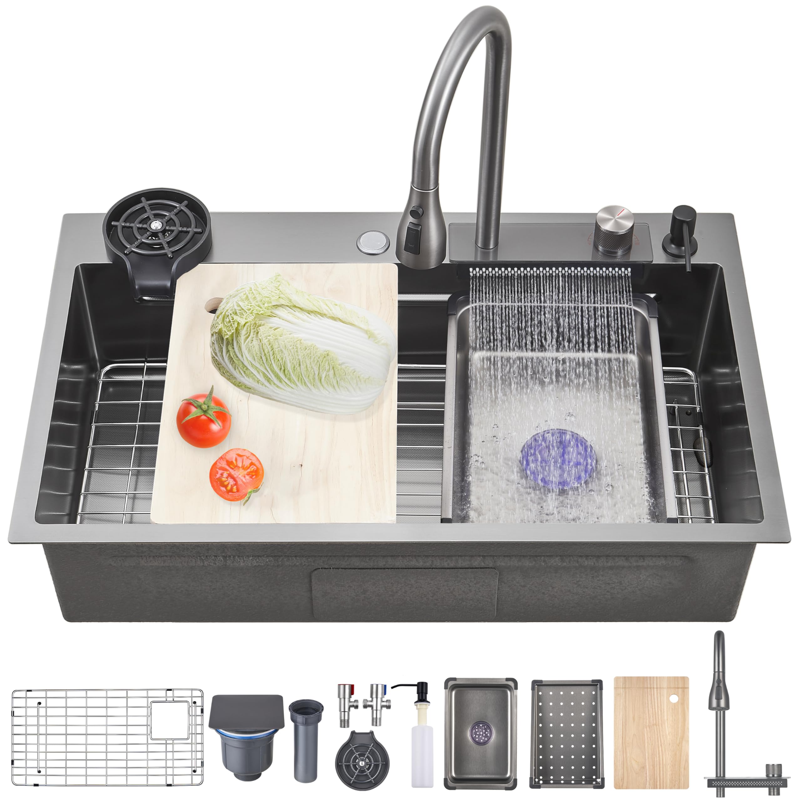 66 x 50 cm Fregadero de cocina en cascada gris oscuro, fregadero moderno multifuncional de acero inoxidable de una cubeta con grifo rociador abatible y accesorios