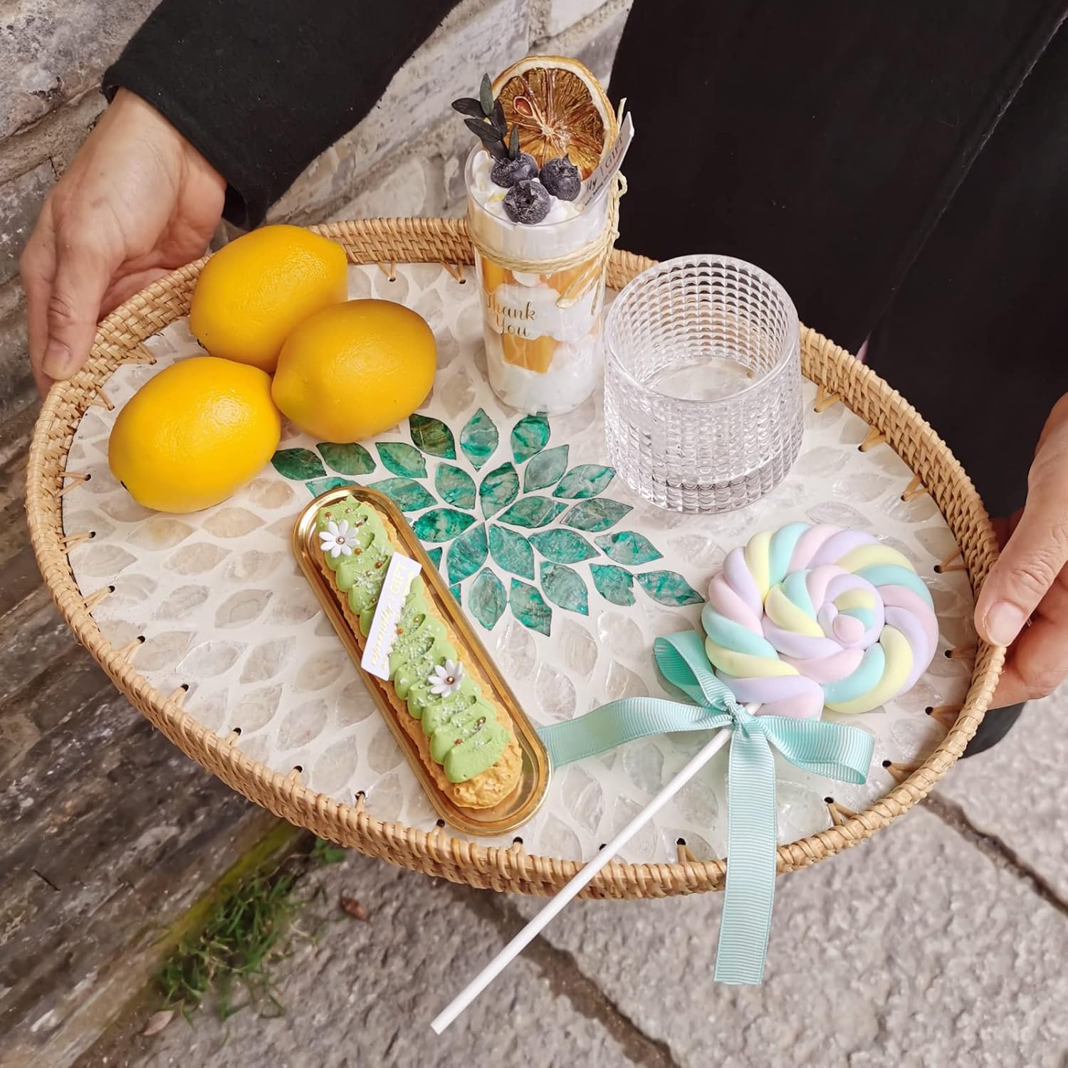 I-lan 14 Inch Oval Rattan Woven Basket Tray with Beige Green MOP Wooden Base, Boho Wicker Coffee Table Serving Basket Décor with 1.2 Inch Wall, Handmade Display Basket for Countertop, M - Image 5