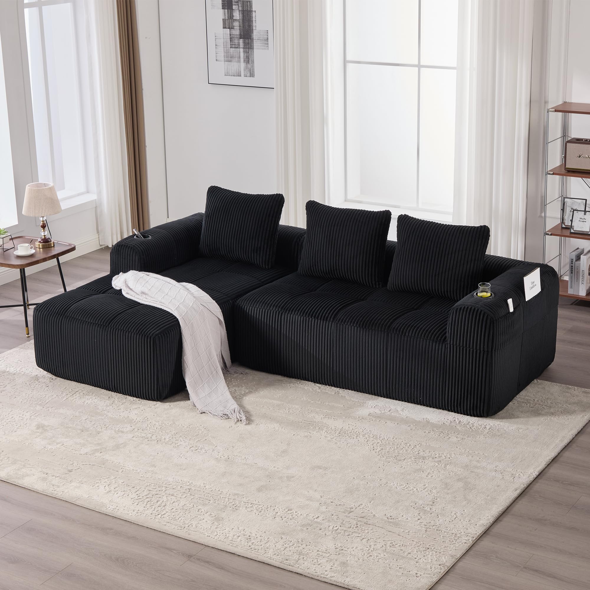 Modułowa sofa do spania z systemem łączenia DIY, wysokiej jakości szezlong z kieszenią boczną i 3 poduszkami, sofa z uchwytem na napoje, czarna