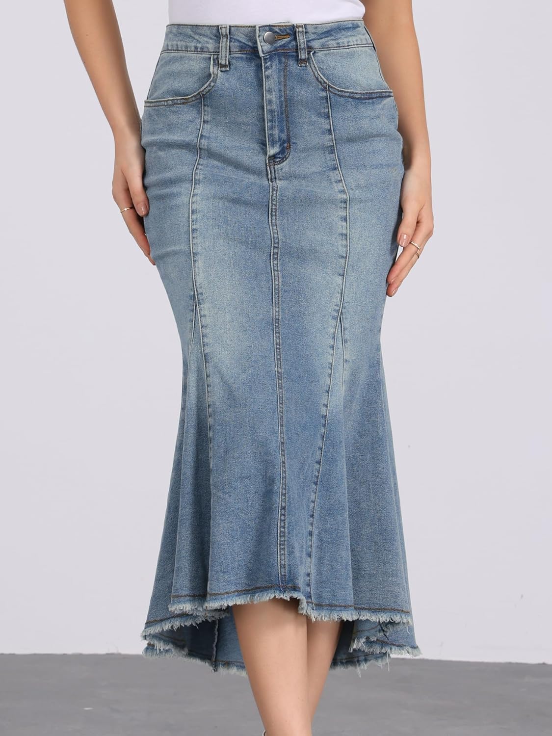 Allegra K Women's Washed Fishtail Denim Skirt High Waist Raw Hem Fashion Casual Midi Jean Skirts with Pockets - Image 2