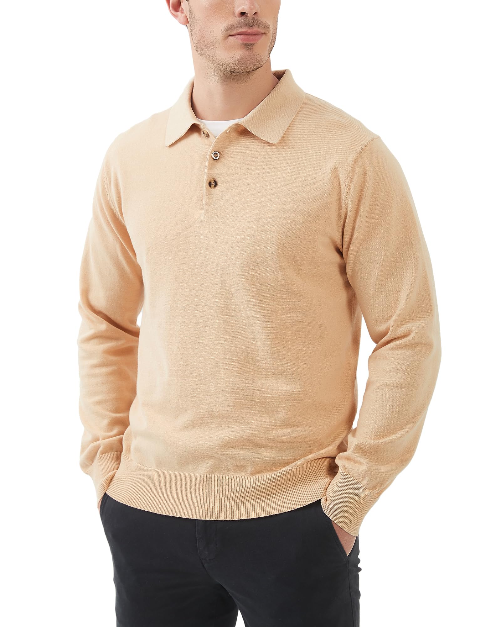 Kallspin Mens 100% Cotton Polo Sweater Long Sleeve Button Down Knit Pullover Relaxed Fit Collared Casual Tops