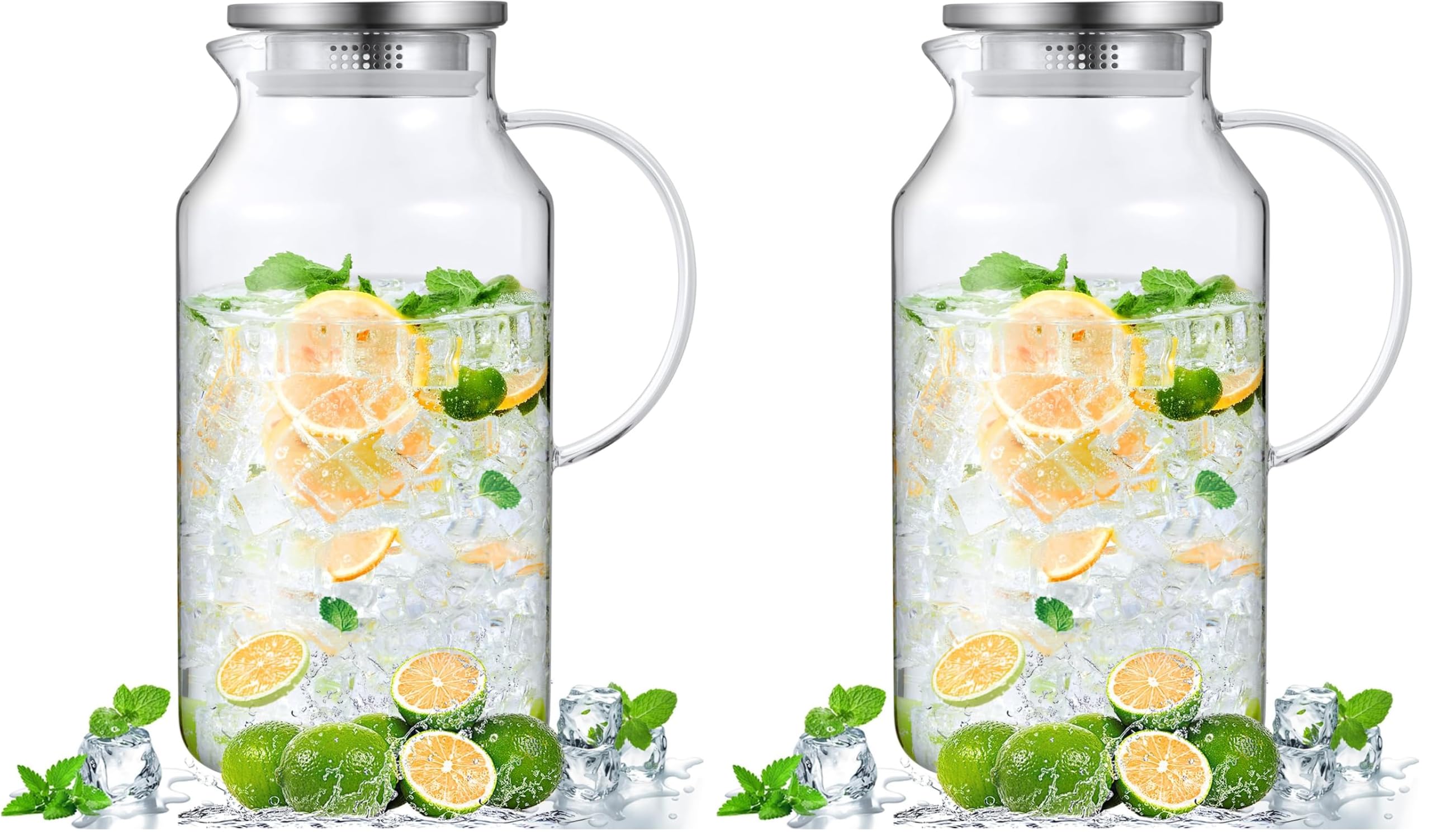 Bivvclaz 1 Gallon Glass Pitcher with Lid and Handle, Water Pitcher for Fridge, Glass Carafe for Hot/Cold Water, Large Iced Tea Jug for Coffee, Juice and Homemade Beverage (Pack of 2)