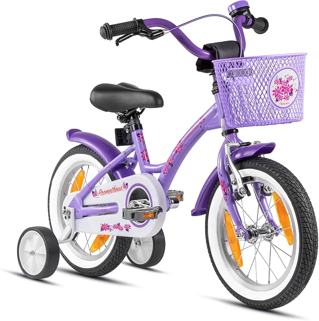 PROMETHEUS BICYCLES Rower dziecięcy od 4 lat  rower dziewczęcy 14 cali, rower dla dziewczynek, rower dla dzieci z kółkami podporowymi, hamulec nożny w kolorze fioletowo-fioletowym