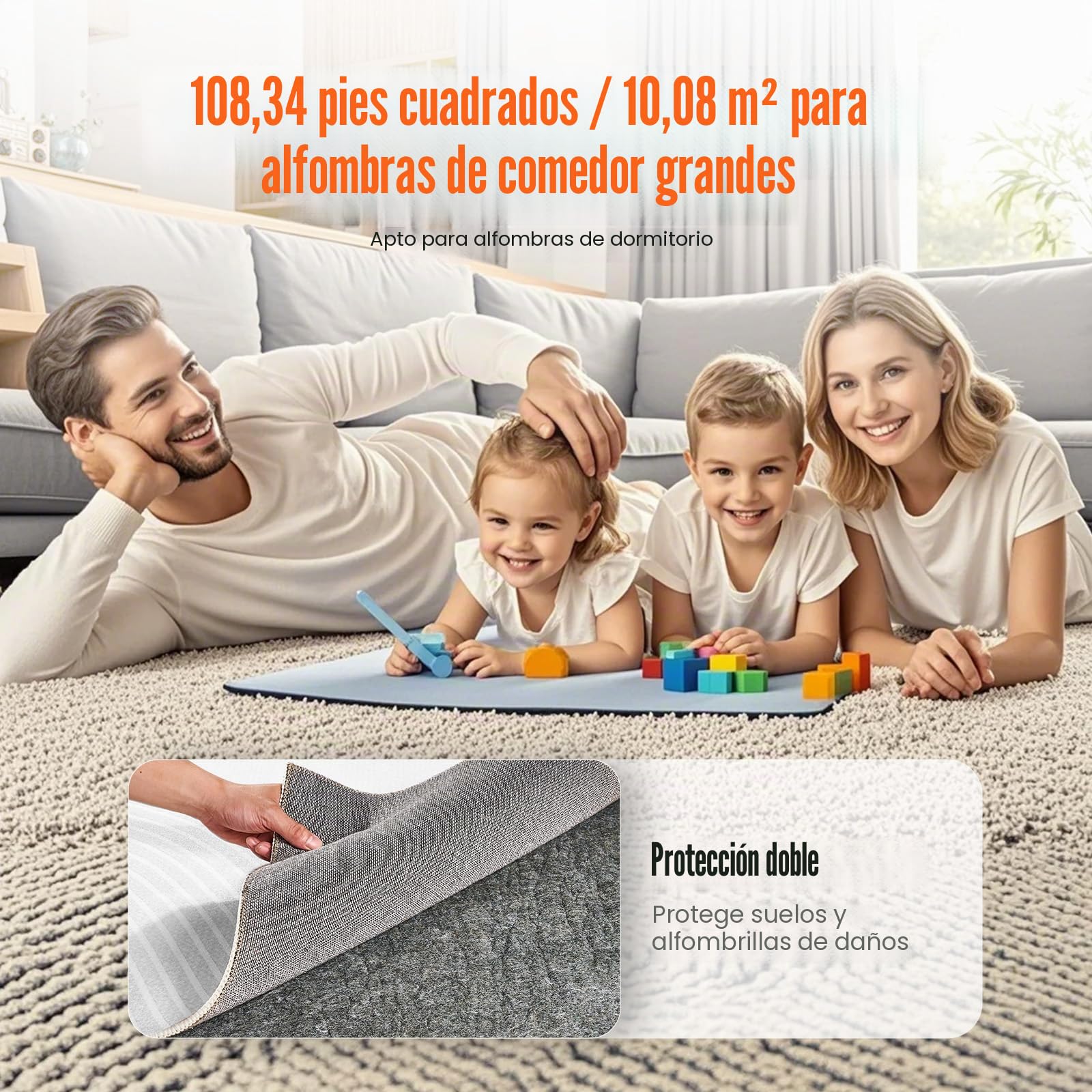 VEVOR Cojín para Alfombra Cojín Protector de Suelo, 275 x 366 cm 12 mm de Espesor, Fieltro de Poliéster, Gris, Área de Cobertura de 10-11 ㎡ Protección del Suelo Cómodo para Dormitorio, Sala de Estar