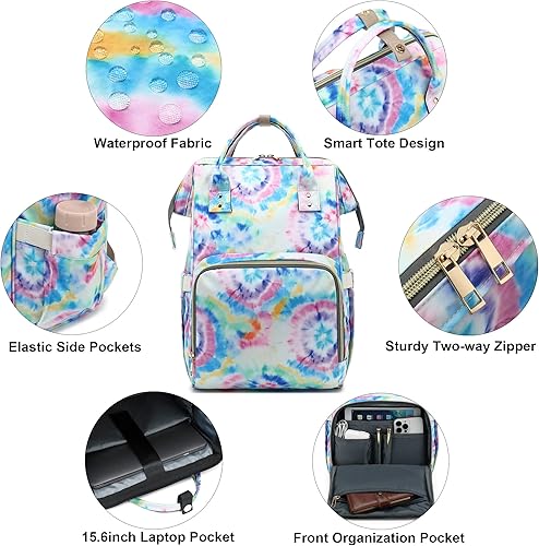 Miniatura 2 de Tie Dye - Mochila para computadora portátil para mujer, mochila escolar universitaria de 15.6 pulgadas, mochilas para computadora para trabajo,