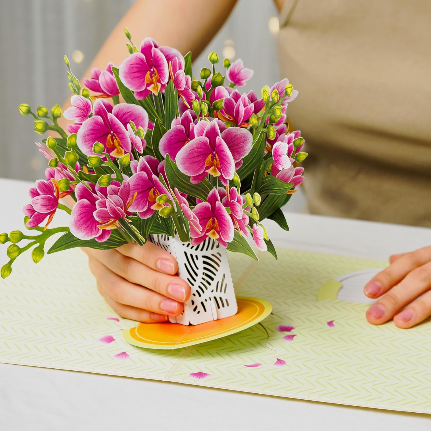 Paper Love 3D Valentines Pop Up Flower Bouquet Card, with Orchids Forever Flowers Keepsake, Valentine's Day Gift, Birthday, Graduation, Get Well, Thank You, All Occasion - Oversized 10" x 7" Cards - Includes Envelope and Note - Image 3