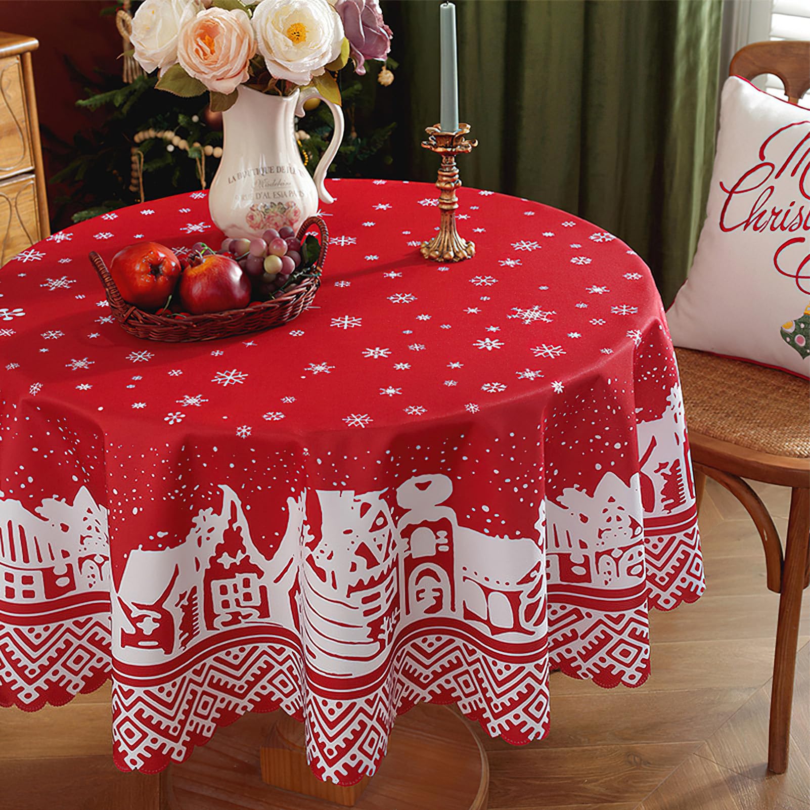 auons Christmas Tablecloth Round 60 Inch, Winter Snowflake Red Washable Table Cloths Christmas Decorations - Image 3