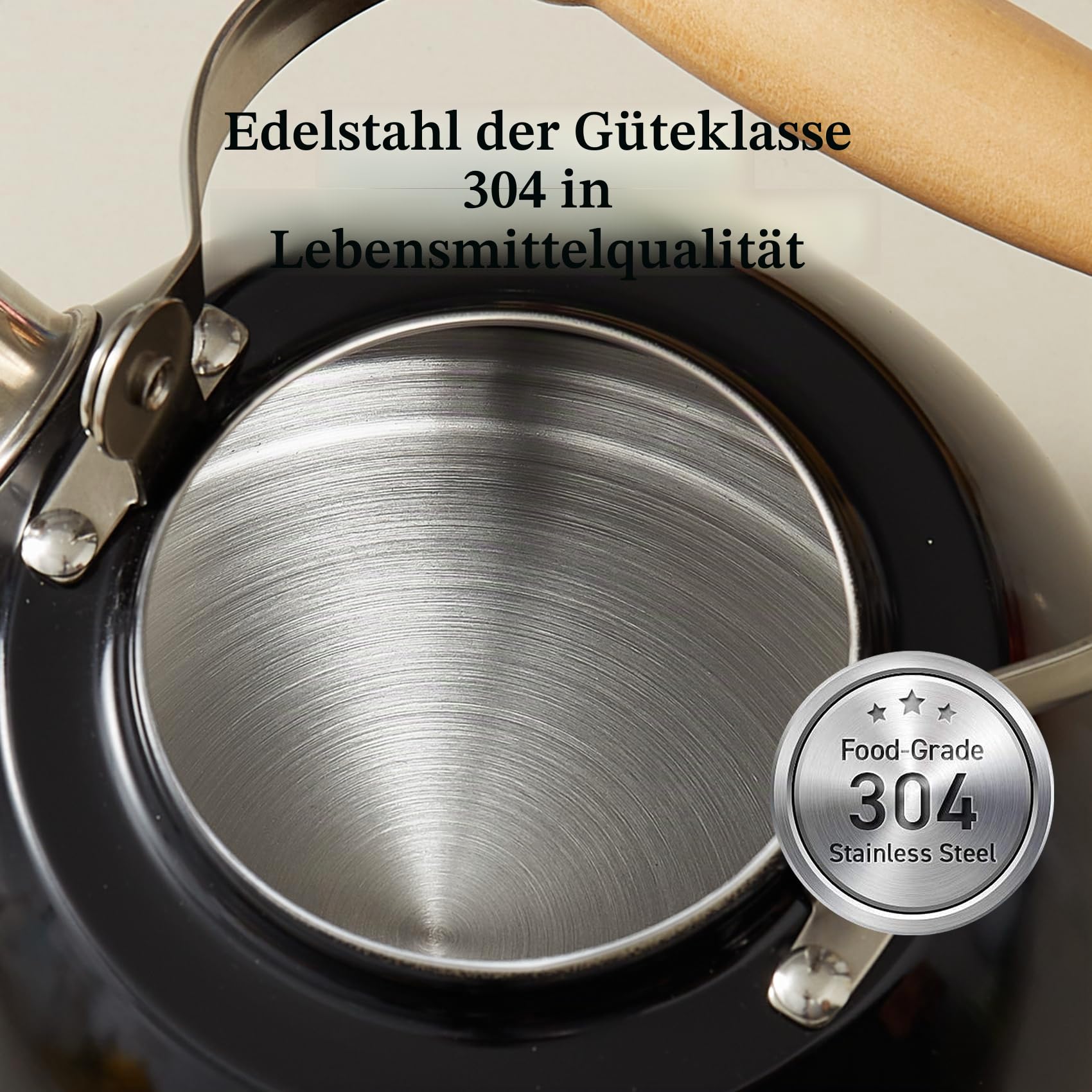 Wasserkessel Induktion, Flötenkessel für alle Herdarten, Edelstahl Teekessel Camping mit Holzgriff, Cool-Touch-Griff Teekanne Vintage 1.5L Schwarz
