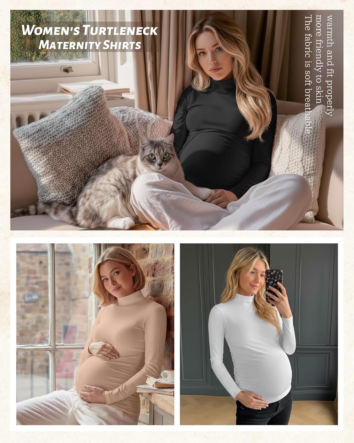 4 Pack Women's Maternity Shirts, Turtleneck Long Sleeve Pregnancy Tee Tops Side Ruched Mock Neck Maternity Clothes - Image 2