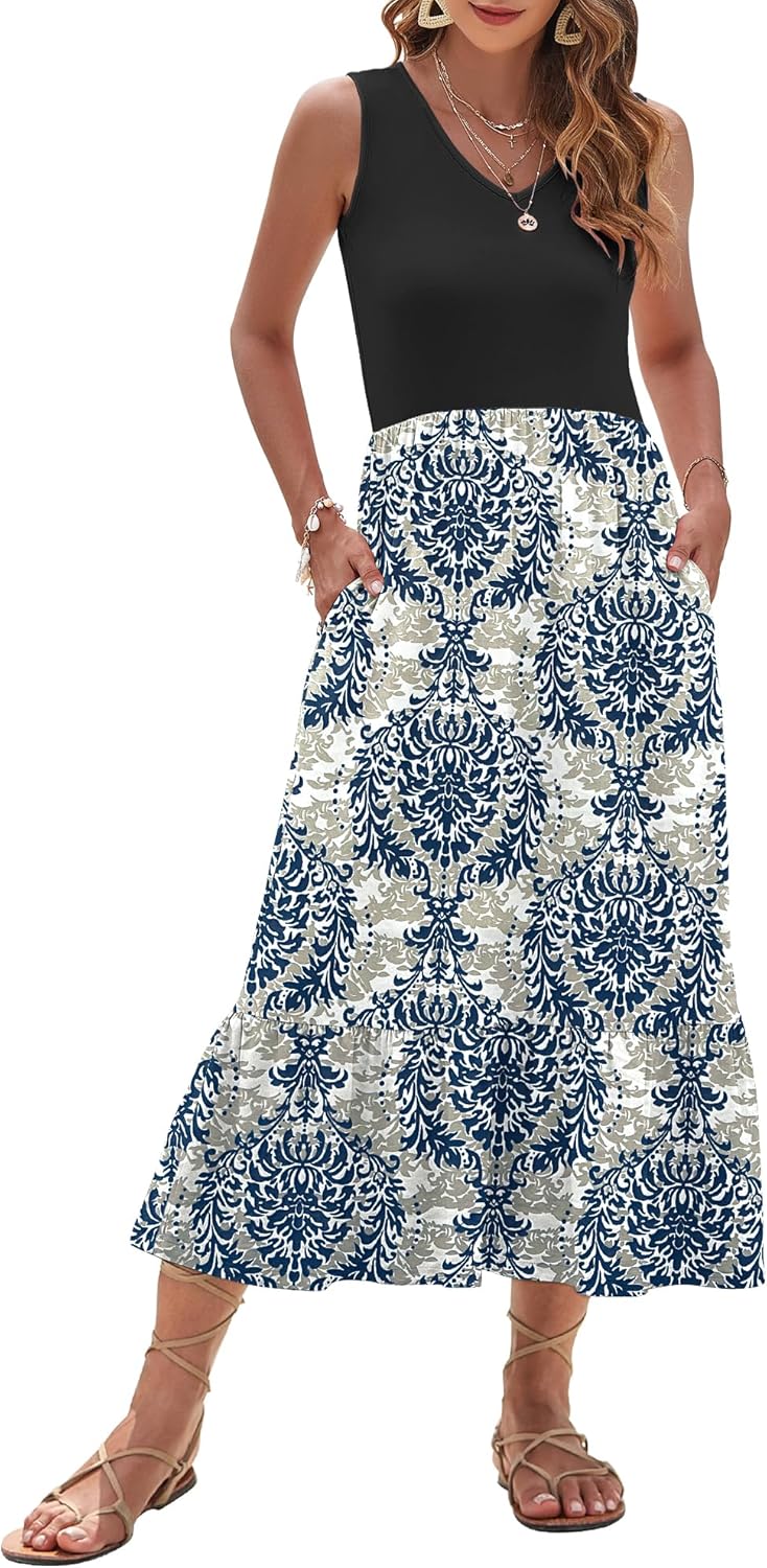 AUSELILY Womens Maxi Dress 2026 Sleeveless Summer Dresses V Neck Casual Tiered Sundresses with Pockets