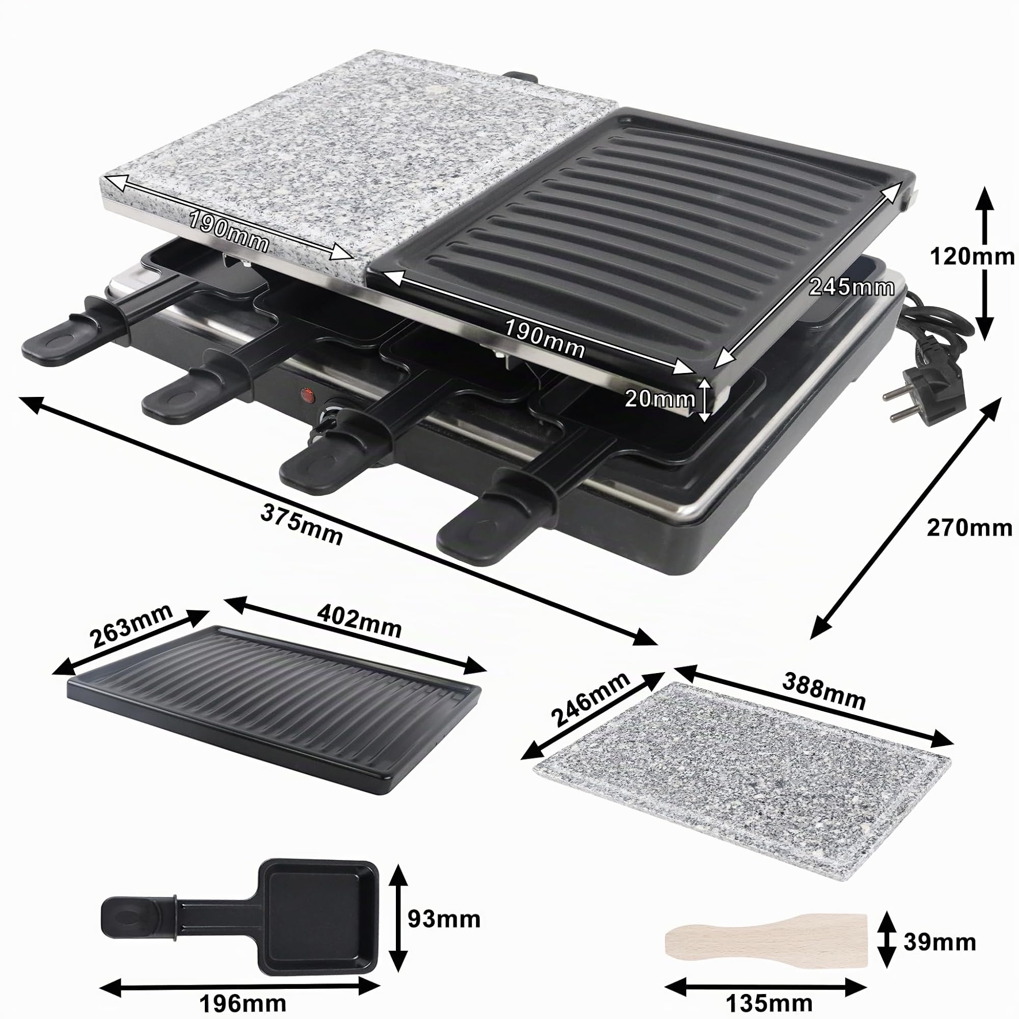 UISEBRT Parrilla Raclette 1400W Parrilla eléctrica para 8 personas Parrilla de mesa incl. losa de granito y plancha antiadherente Barbacoa eléctrica para fiesta de Navidad - Negro