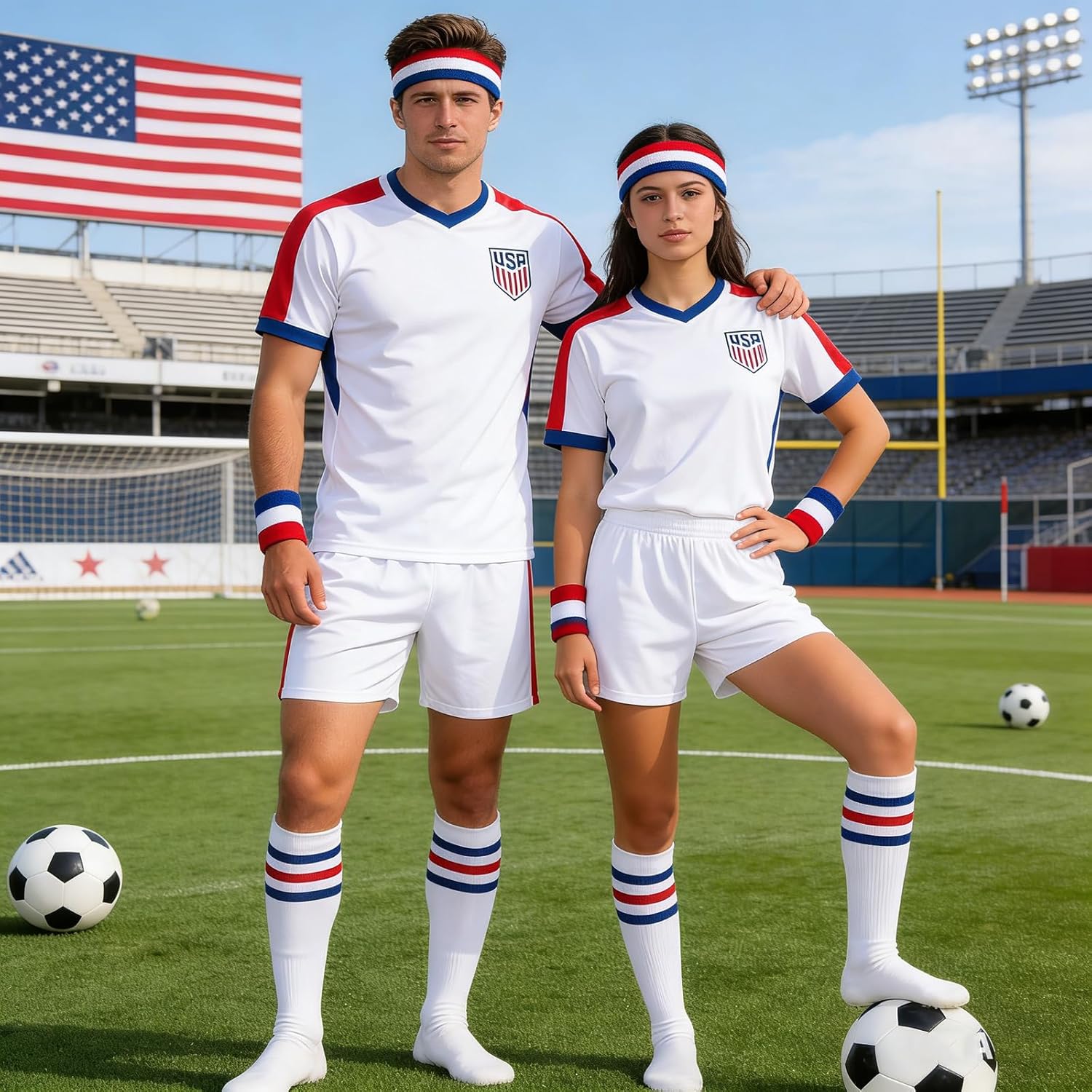 5 Pieces Sweatband Striped Sock Set Sports Headband Wristbands High Tube Socks 80s Accessories for Men Women - Image 6