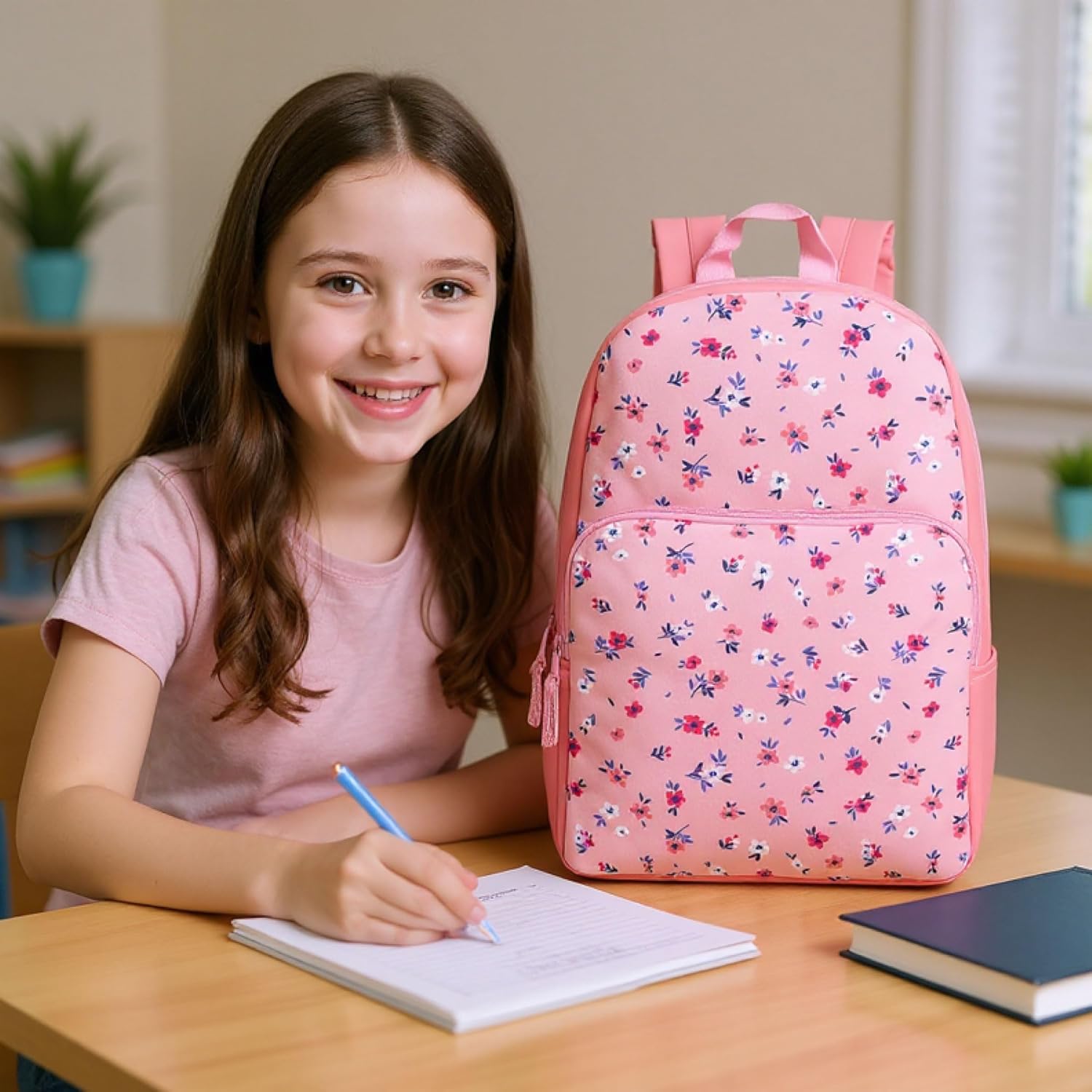 Fun School Backpack for Elementary Middle School Girls and Boys | 17 Inch Printed Backpacks for School Kids, Travel (Pretty Pink Flowers) image 7 of 9 B0F5ZCWBQB