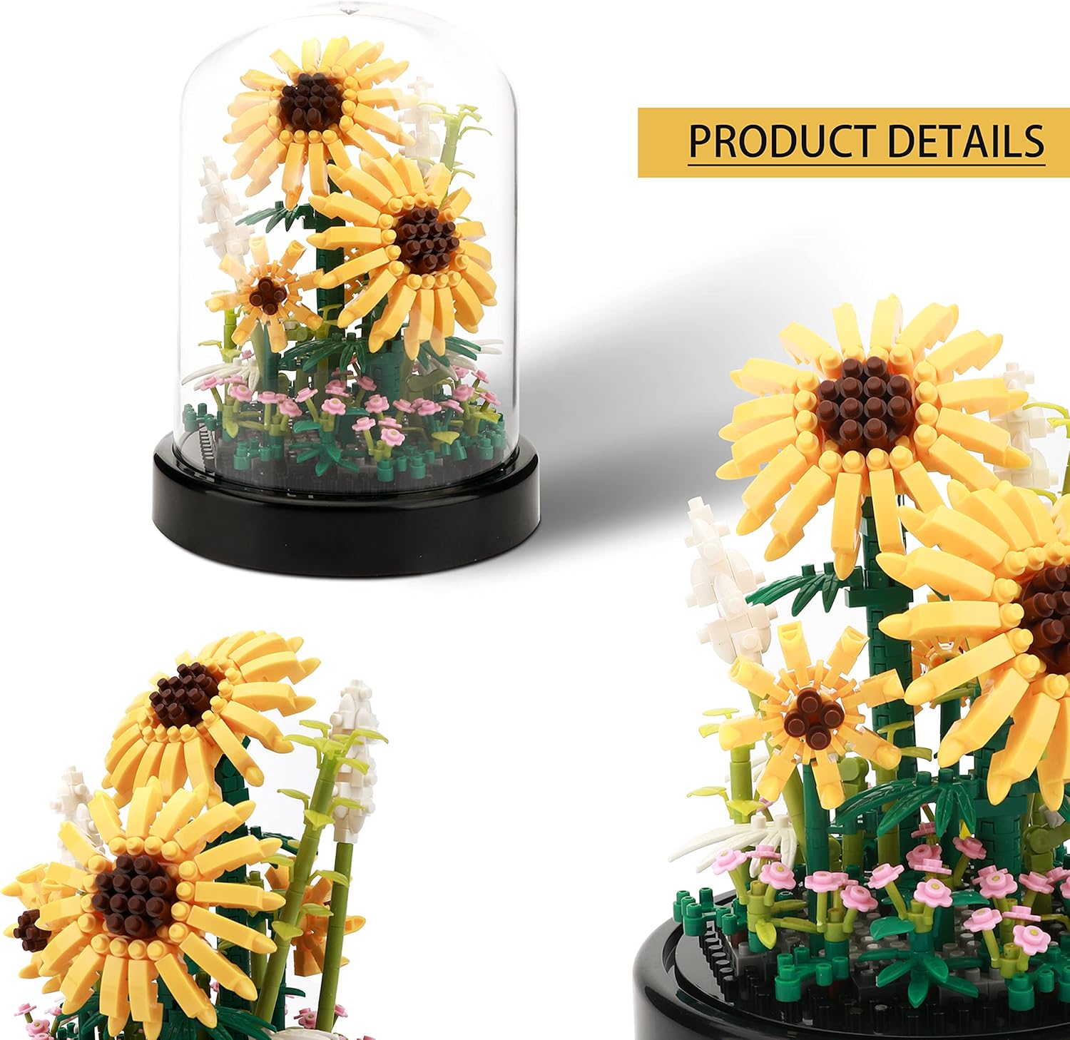 Sunflower DIY Building Blocks Kit - 545 PCS Botanical Flower Bouquet Micro Bricks for Adults and Ages 14+, Creative STEM Gift, Home & Office Decor with Dust Cover