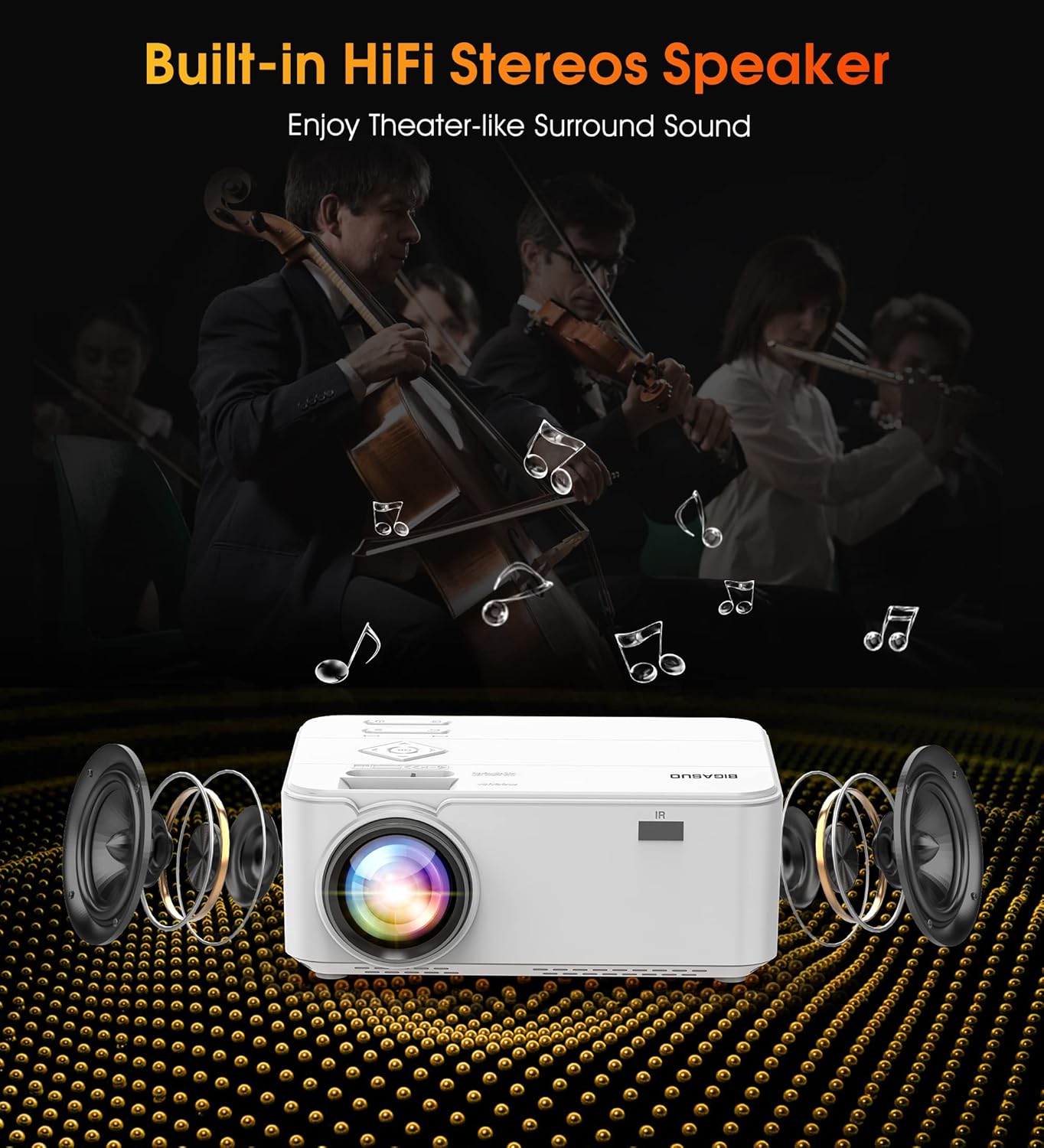 Outdoor Movie Projector with Screen - 7500L 1080P HD 200'' Supported Home Theater Projector, BIGASUO Mini Video Projector for iPhone, Phone, Laptop, PC, DVD, PS4, HDMI ,USB Devices (White) : Electronics
