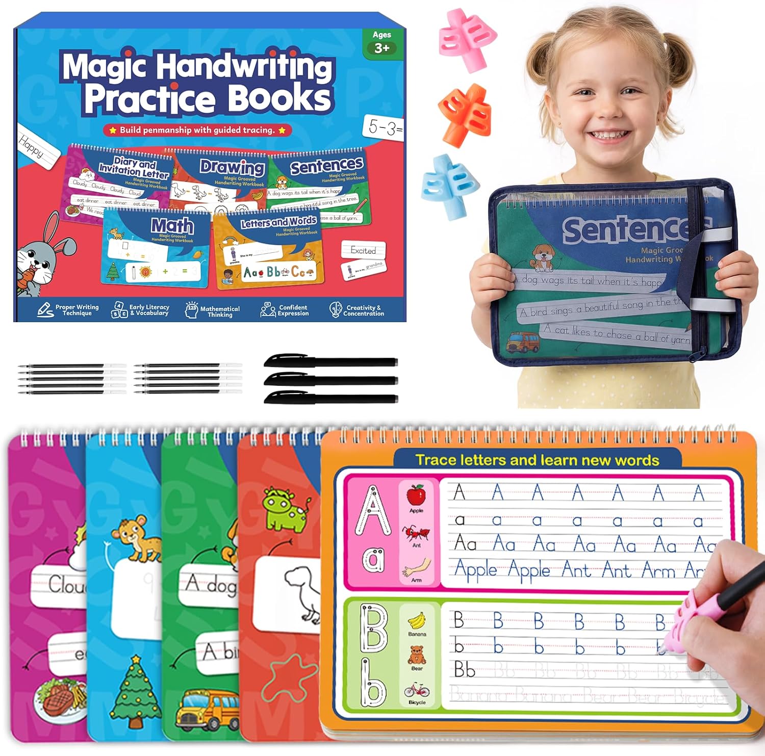 5 Magic Grooved Writing Practice Books With Storage bag Pens-Reusable 3D Grooved Handwriting Workbooks for Kids Ages 3-5,Large Tracing Books with Disappearing Ink-Preschool Learning Activities