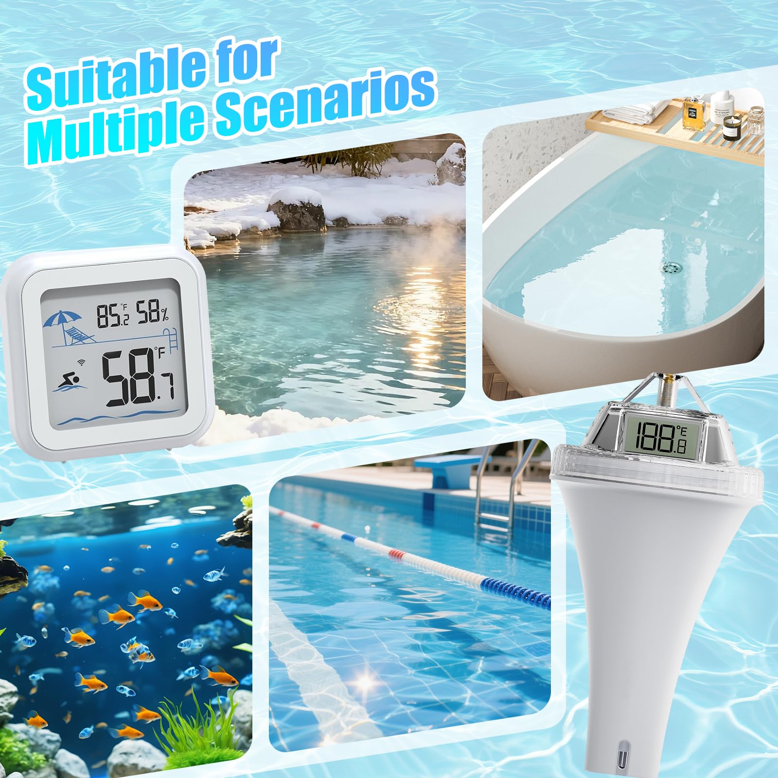 Termometro digitale per piscina, con ampio display | Portata di 60 m, visione a 360°, impermeabile IPX7, sensore ad alta precisione, adatto per piscine, vasche da bagno