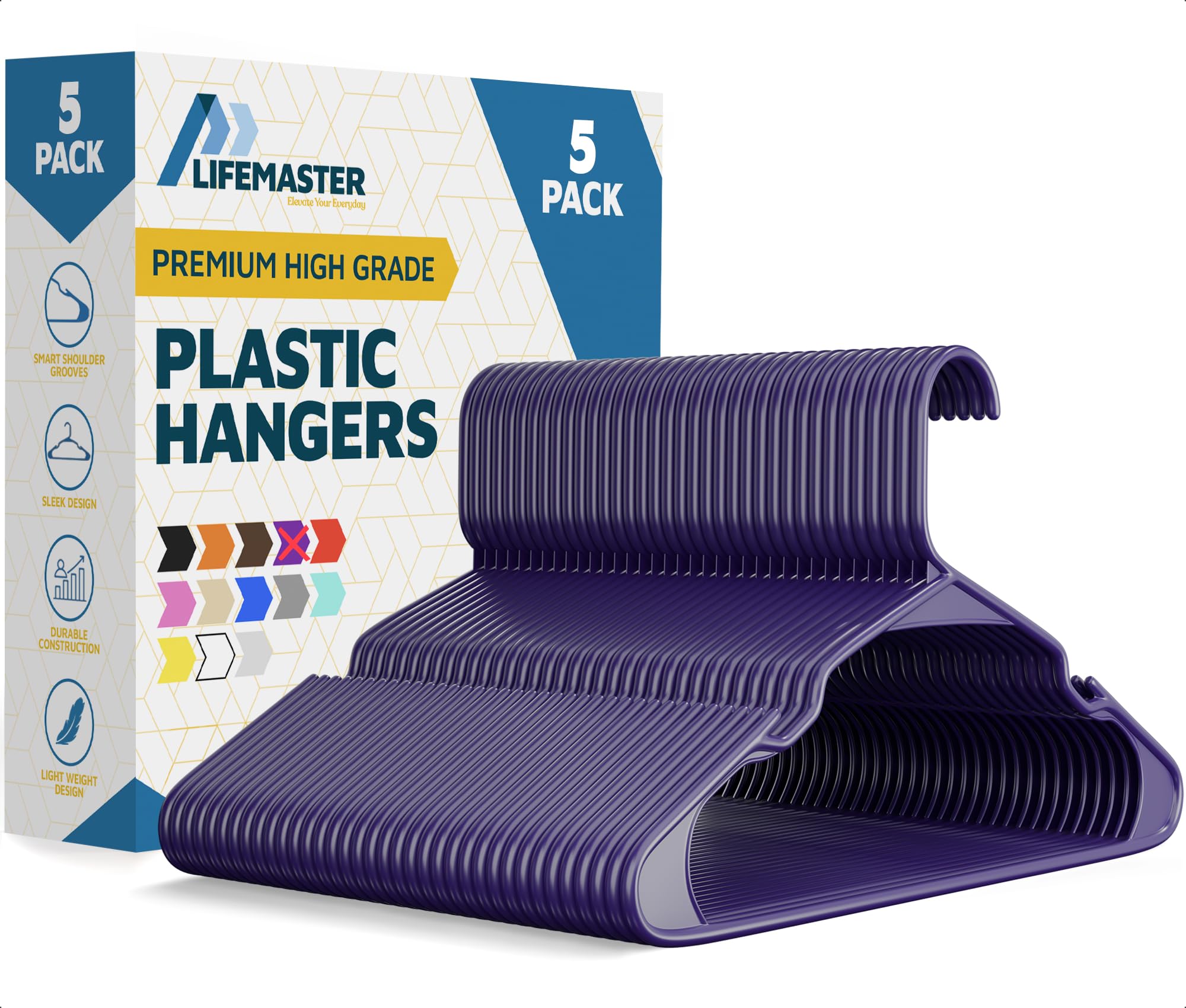 Lifemaster Purple Plastic Clothes Hangers – Heavy Duty Hanger Set, For Organizing Clothes, Dresses, And Coat, Holds Up To 5 Lbs, Space-Saving Hangers With Non-Slip Shoulder Grooves, Pack Of 5,