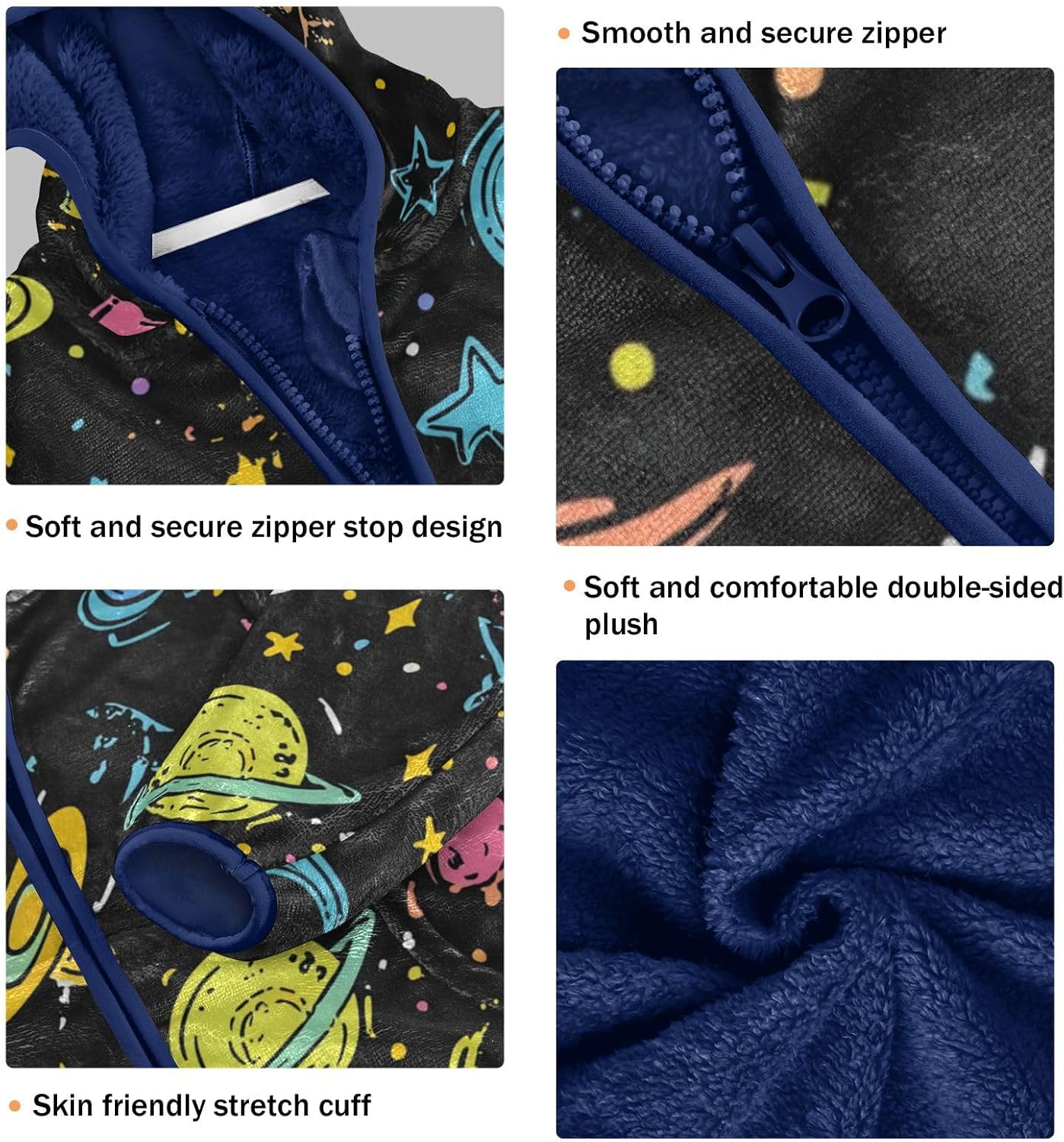 Cartoon Doodle Space Fleece Zip Up Jacket Children Plush Coat Navy Blue Baby Zipper Hoodie