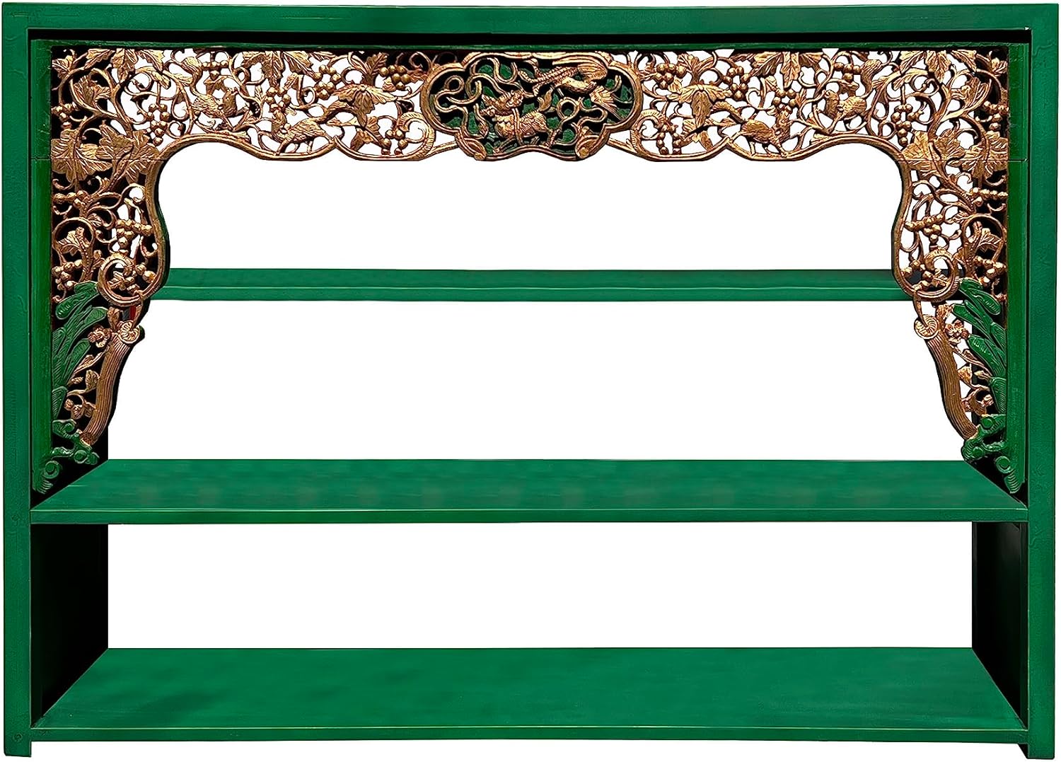 Chinese Green Golden Carving Rectangular Curio Display Stand Side Table Acs7613