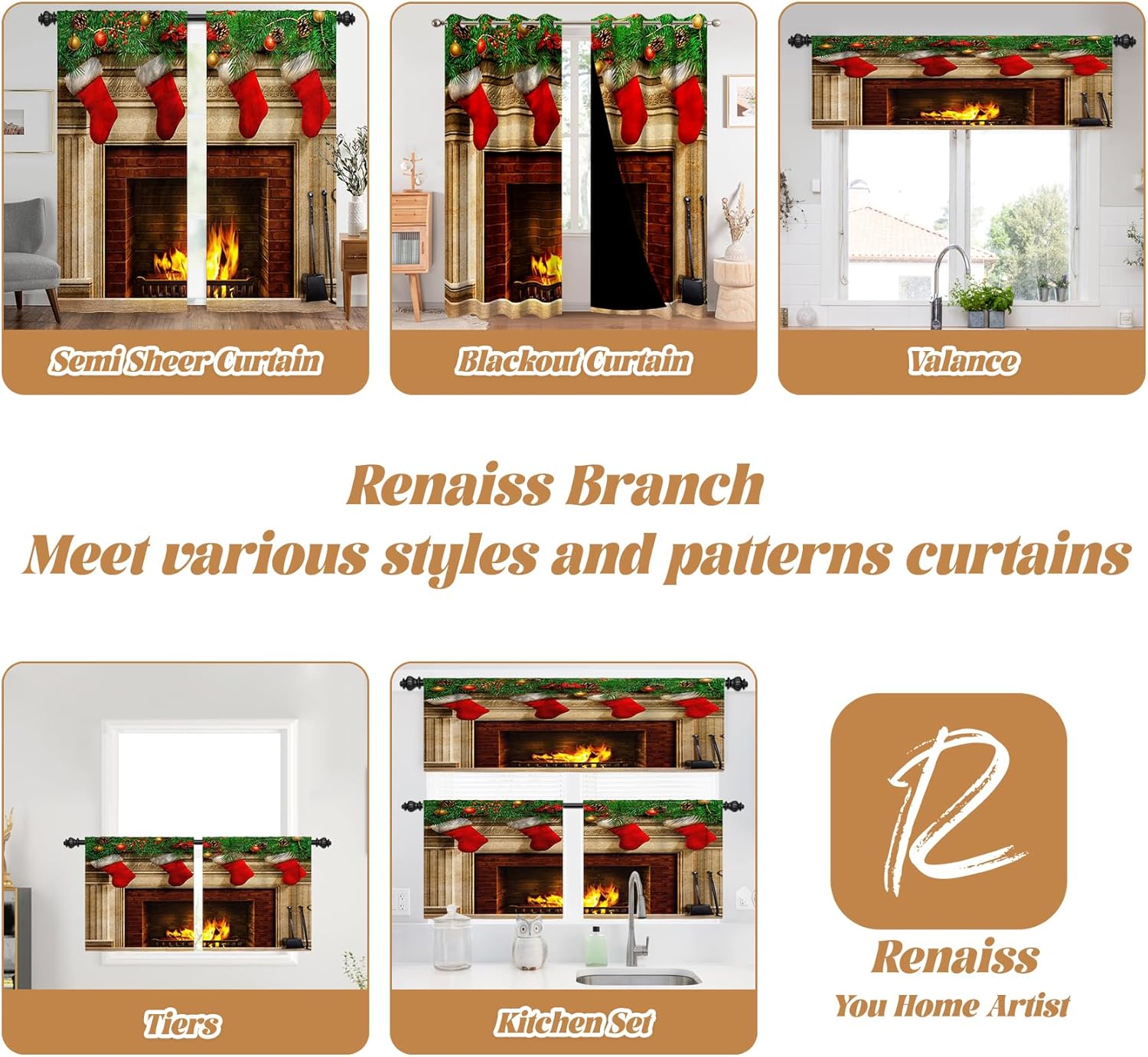 Renaiss 26 x 45 Inch Fireplace Small Curtains Christmas Kitchen Window Decor Red Sock Spruce Leaves Balls Window Treatment Tiers Poinsettia Flowers Winter Farmhouse Curtains Rod Pocket Linen 2 Panels