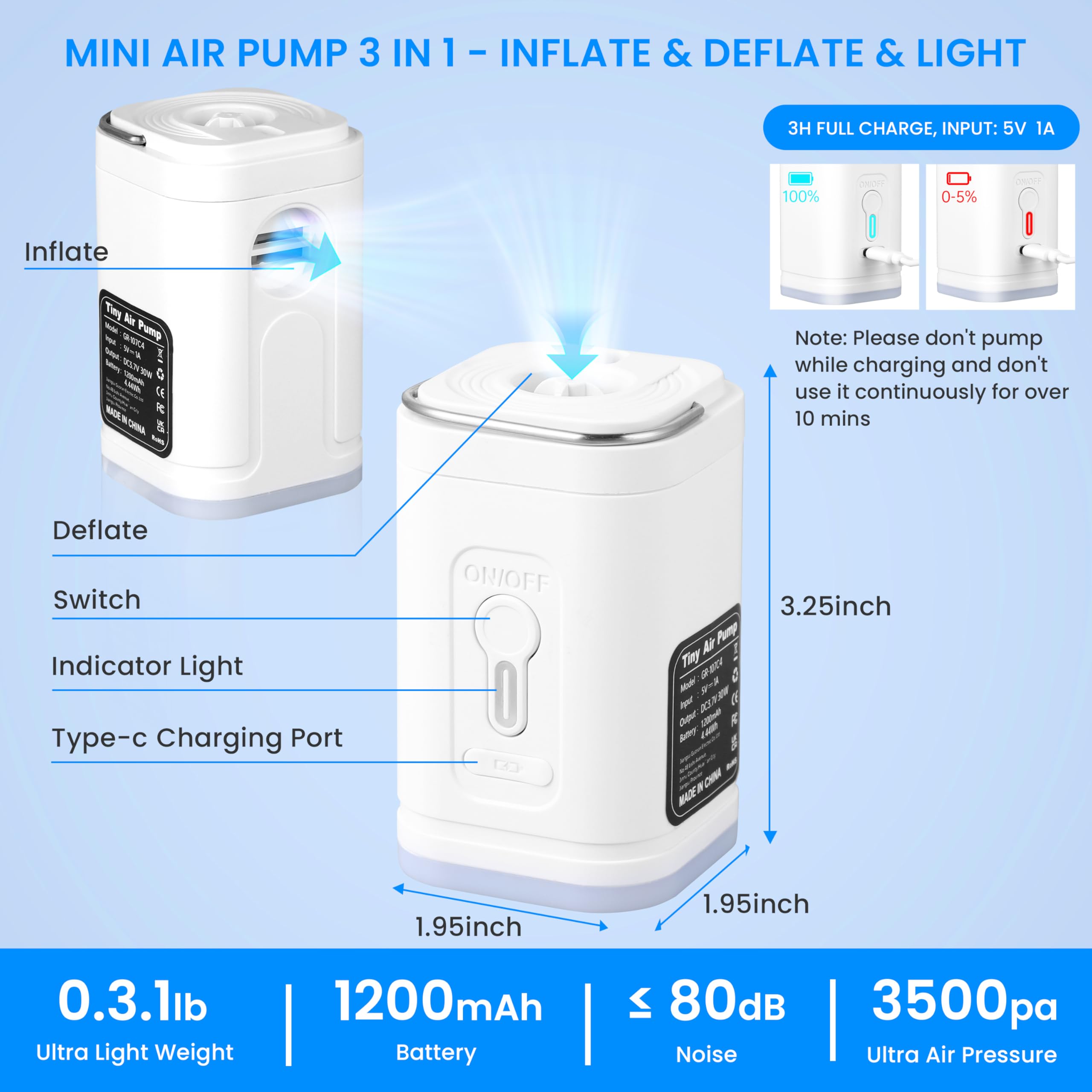 Mini Air Pump for Inflatables Portable, Electric Type-C Rechargeable Quickly Inflate Deflate for Pool Floats Air Mattress Swimming Ring Vacuum Storage Bags