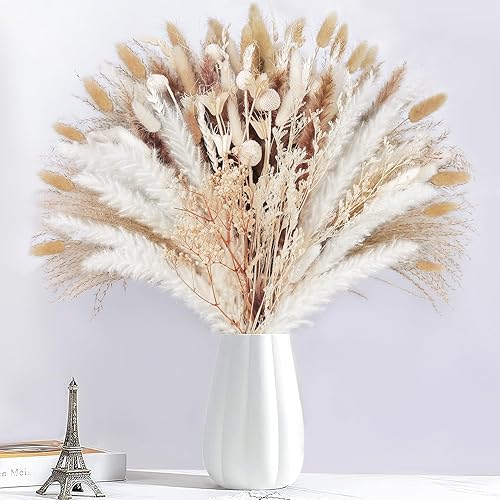 120 ramos de hierba seca de las pampas, 12 flores secas, cola de conejo, hierba blanca pomposa, decoración bohemia para el hogar, 17 pulgadas,