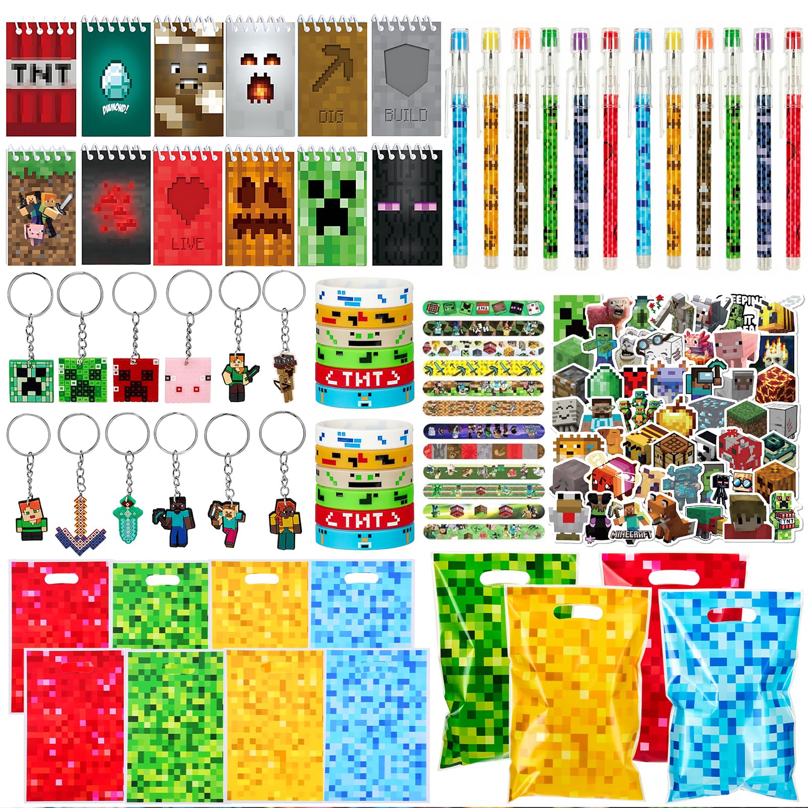 Defresit 172 piece party bag filler set Miner Gaming Party Bag Fillers, Gamer Party Favours Gaming Keychain Party Bags Button Pins Stickers Miner Party Supplies Goodie Bag Fillers for Kids Boys