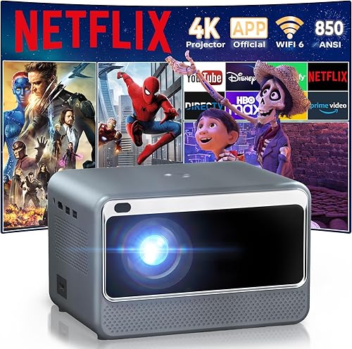 Proyector inteligente Wifi Bluetooth al aire libre Licencia de Netflix y YTPrime Video Proyector de película compatible con 4K Aplicación
