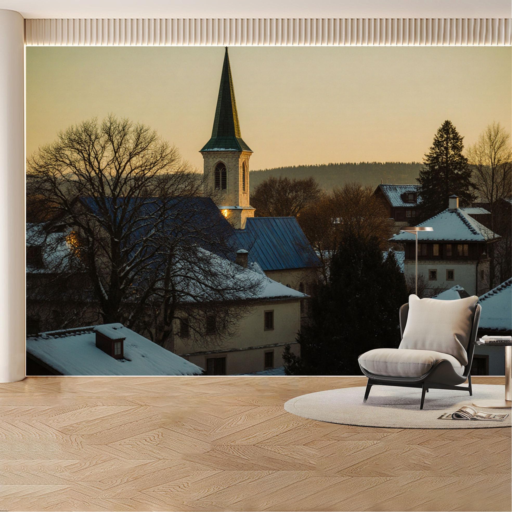 Custom Wall Mural Wallpaper Snowy Church Landscape， Nature， Large Wall Art， Mural Design， Vintage， Sunset Removable SelfAdhesive Large Photo for Living Room， Bedroom， Office