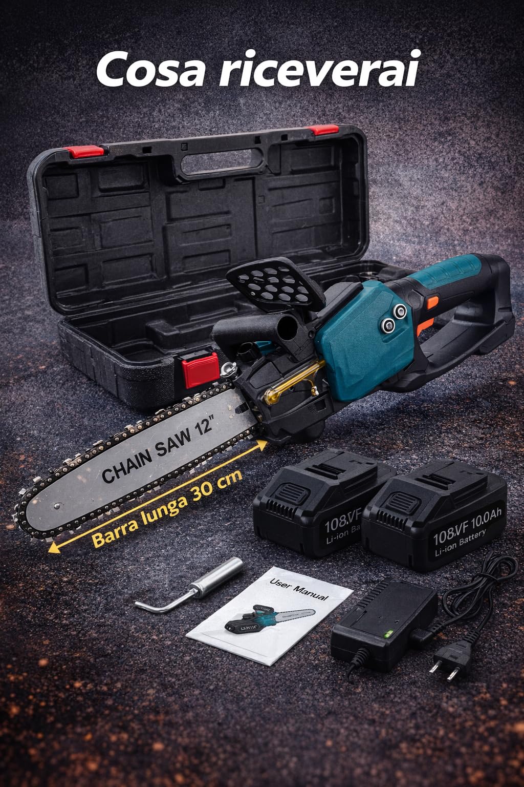 Motosega a Batteria 12 Pollici, 400W Motosega Elettrica, GARANZIA 2 ANNI, Sistema Oliatore, Motore Brushless, 2x1500mAh Batterie, 2 Batterie da 108V, Barra da 30CM, Potatura e Taglio del Legno