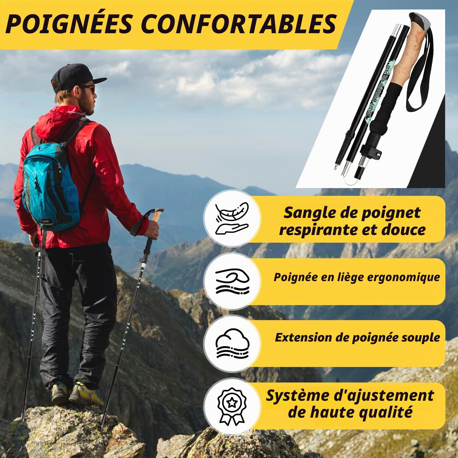 Bâtons de Trekking Pliables, 2 PCS Baton de Marche Telescopique, Bâtons de Marche Nordique pour Homme et Femme avec 6 Paires de Tampons en Caoutchouc pour du Trekking