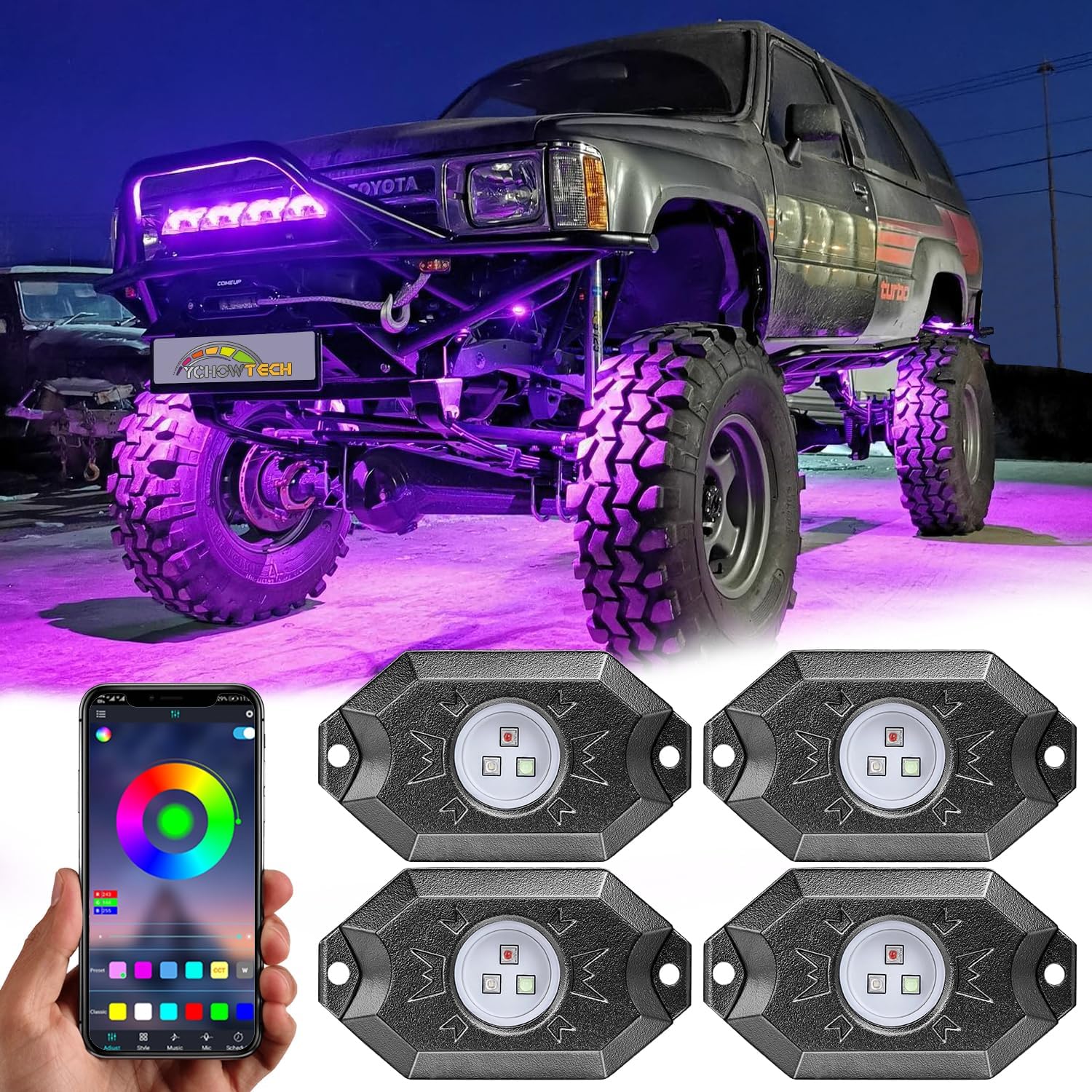 YCHOW-TECH RGB LED Rock Lights Kit 4 Pods Multicolor