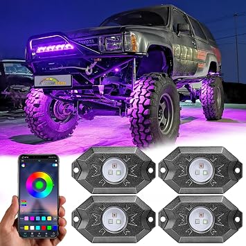 YCHOW-TECH RGB LED Rock Light 4 Pods MLTI-Color Neon Underglow Lights Pods Aluminum Alloy Accent Pods Wireless Bluetooth App Control Wheel Well Light for Off Road Truck UTV ATV Underwheel Mount Pods