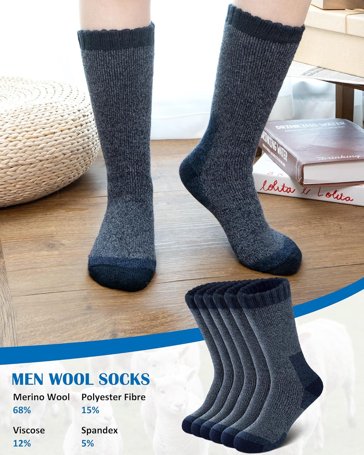 Senker Fashion Merino Wool Socks for Men Women, Hiking Thermal Warm Thick Crew Sock for Winter Outdoors Work 3 Pairs - Image 3