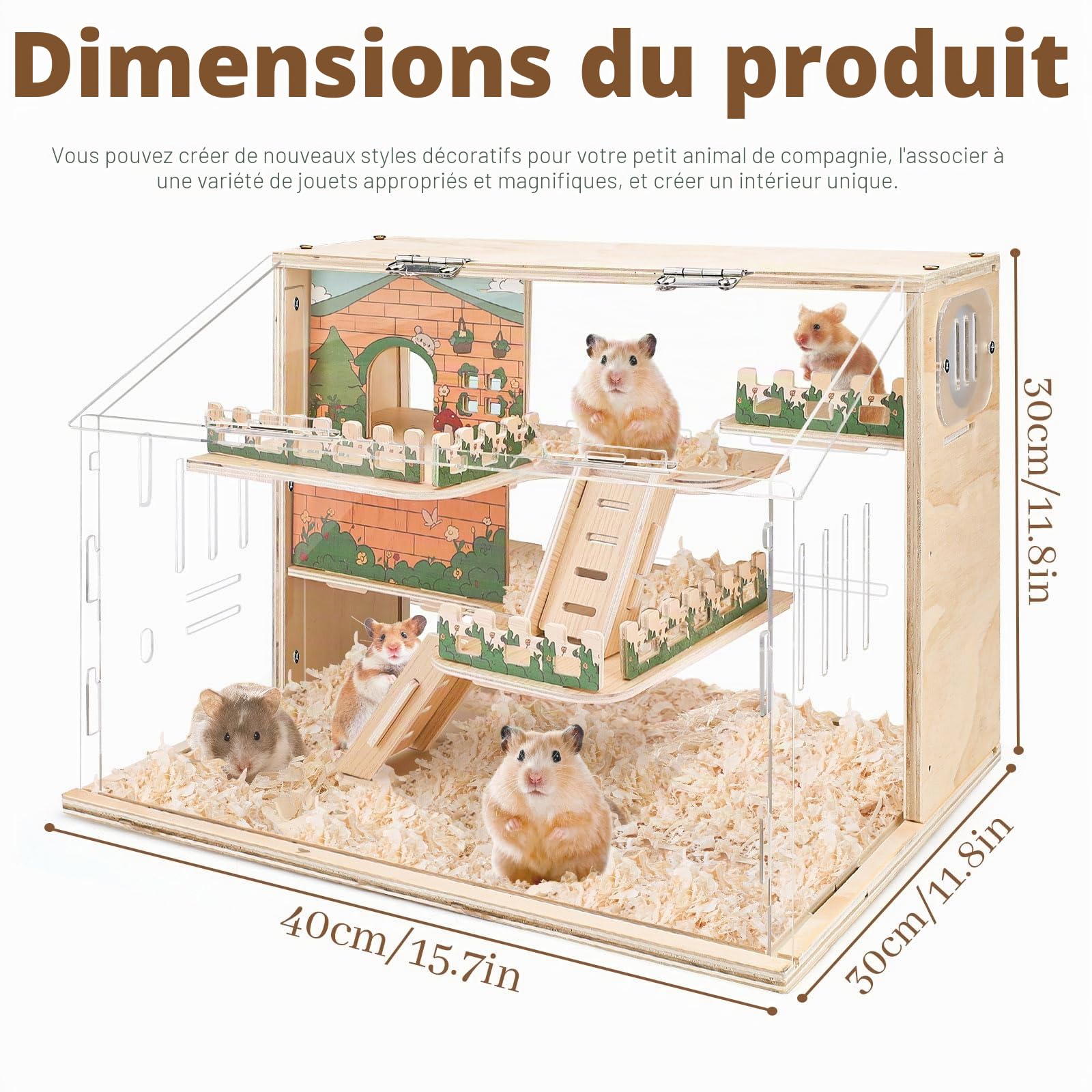 Habitat en bois pour hamster nain, grande cage pour hamster en acrylique, cage spacieuse pour gerbille naine, habitat de qualité supérieure pour hamster nain avec système de ventilation (40 x 30 x 30