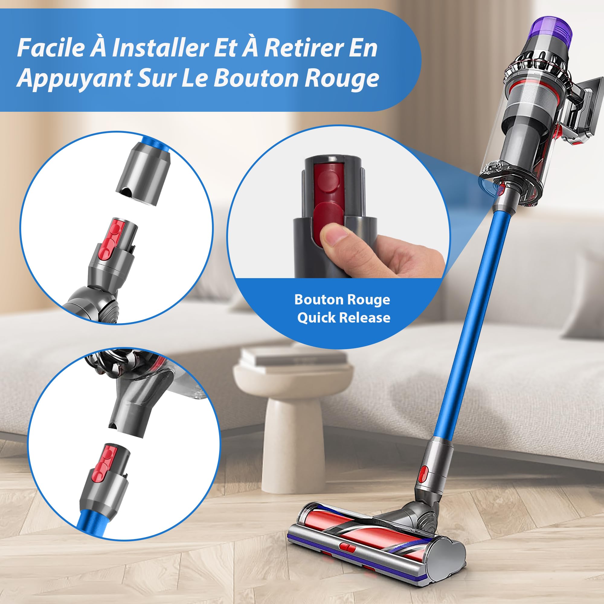 Tube d'Extension Télescopique Dyson Compatible V7 V8 V10 V11 V15 - Avec 2 Filtres et Deux Brosses 2-en-1 - Bleu